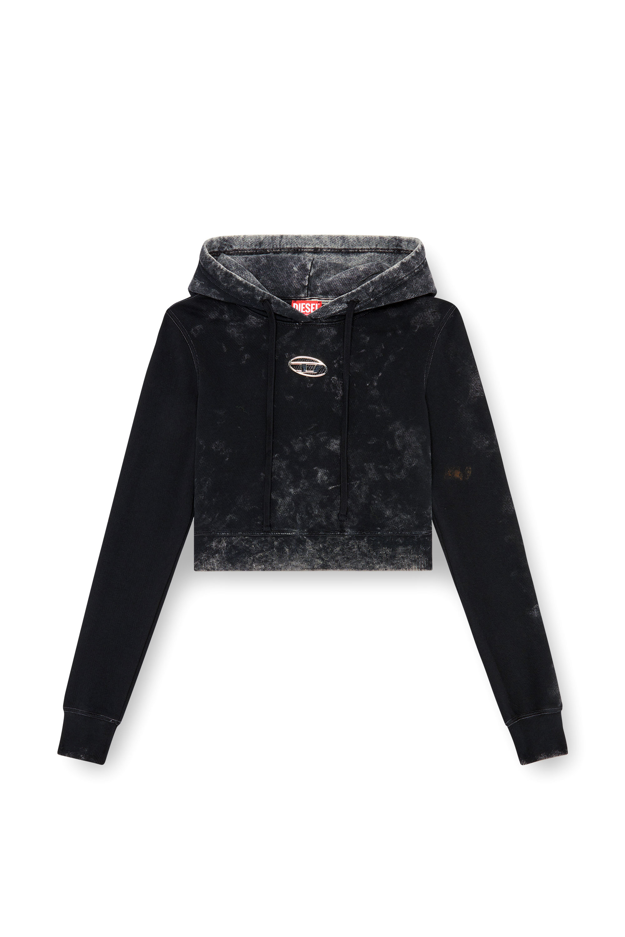 F-SLIMMY-HOOD-P5, Schwarz Diesel - F-SLIMMY-HOOD-P5, Damen Verblasster Cut-out-Hoodie mit Metall-Logo in Schwarz - 2