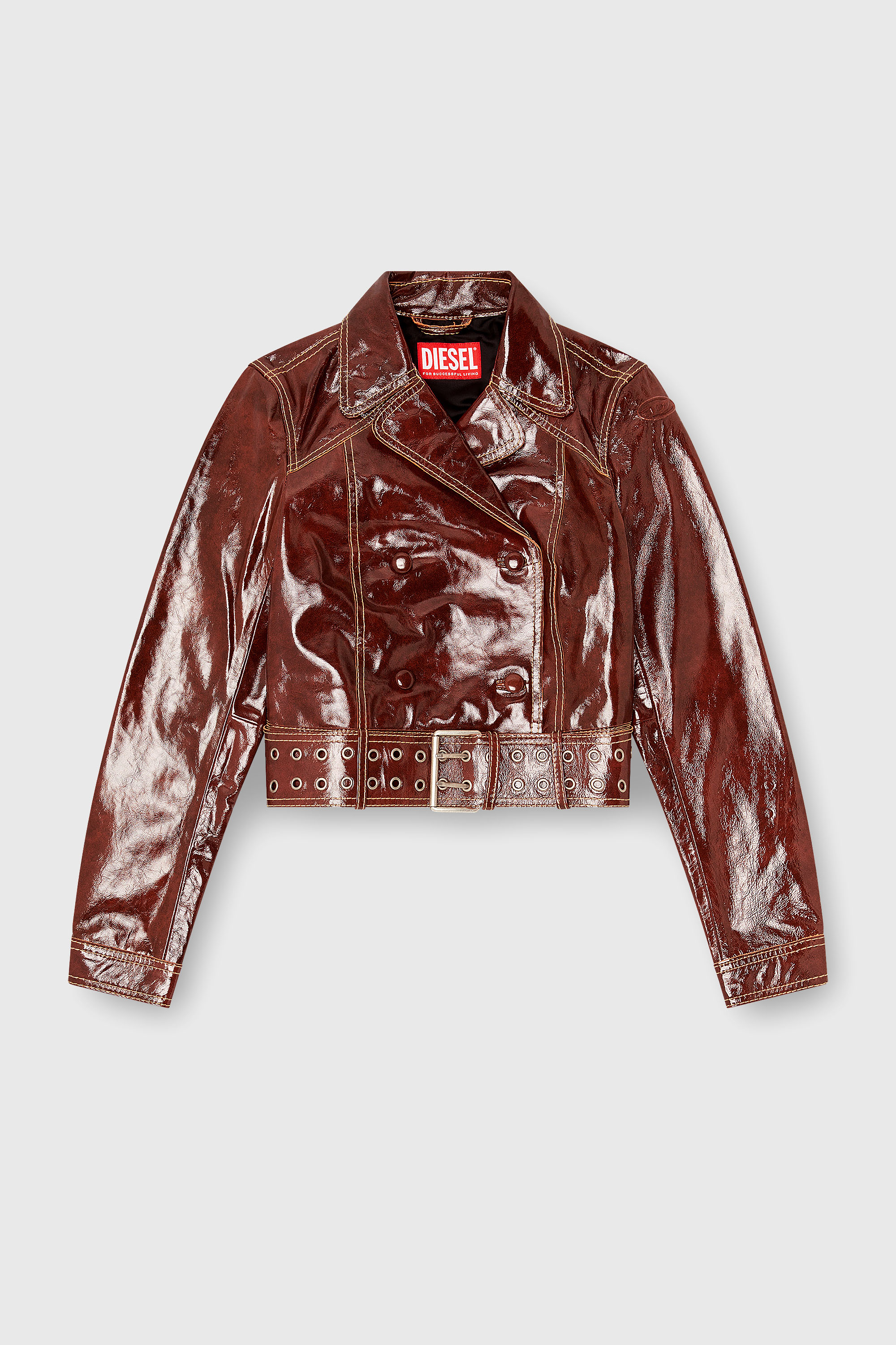 Diesel - L-EGEND, Veste en cuir verni avec large ceinture Femme in Rouge - 2