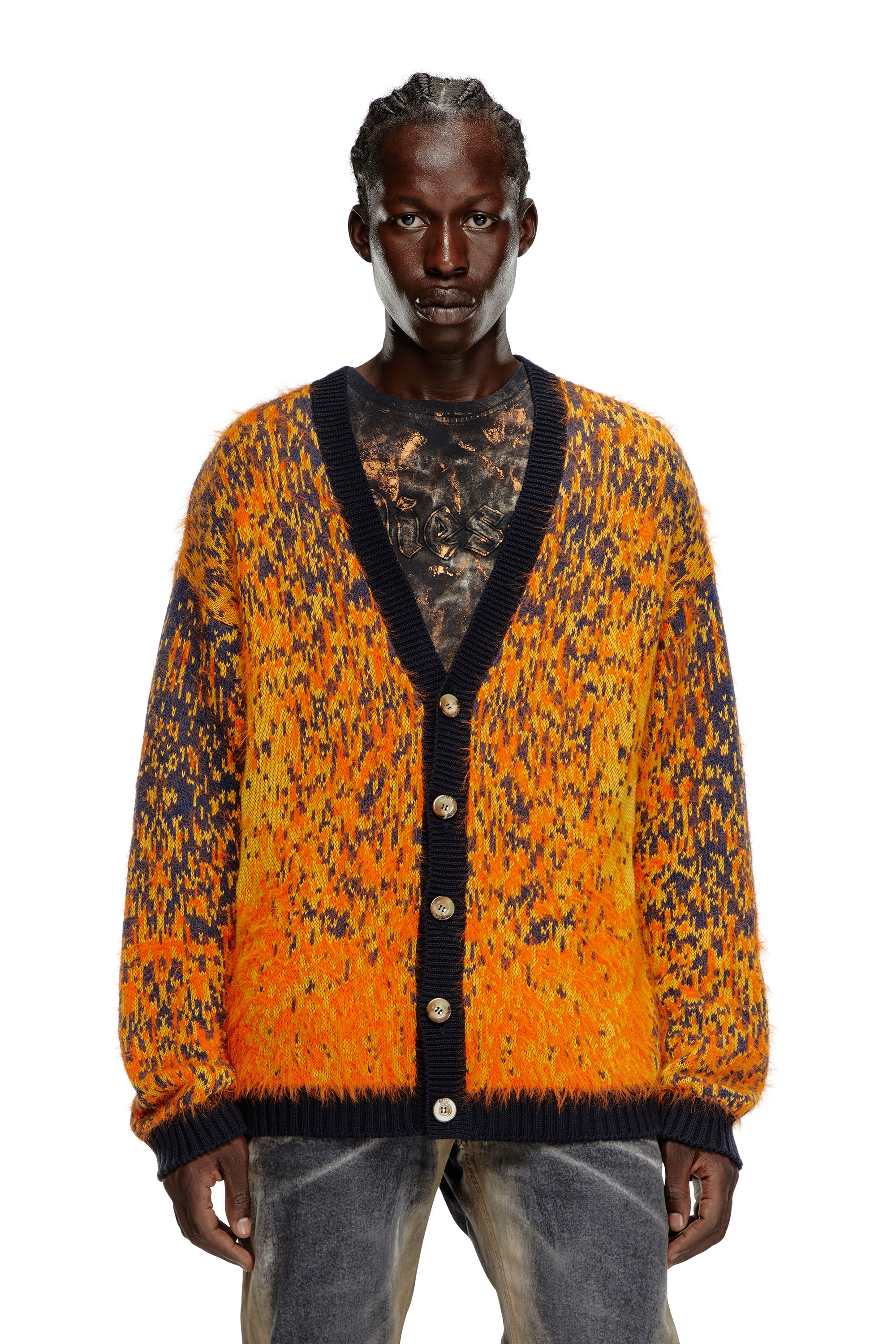 Diesel - K-RANGER, Man Fuzzy cardigan with abstract pattern in Orange - Image 5