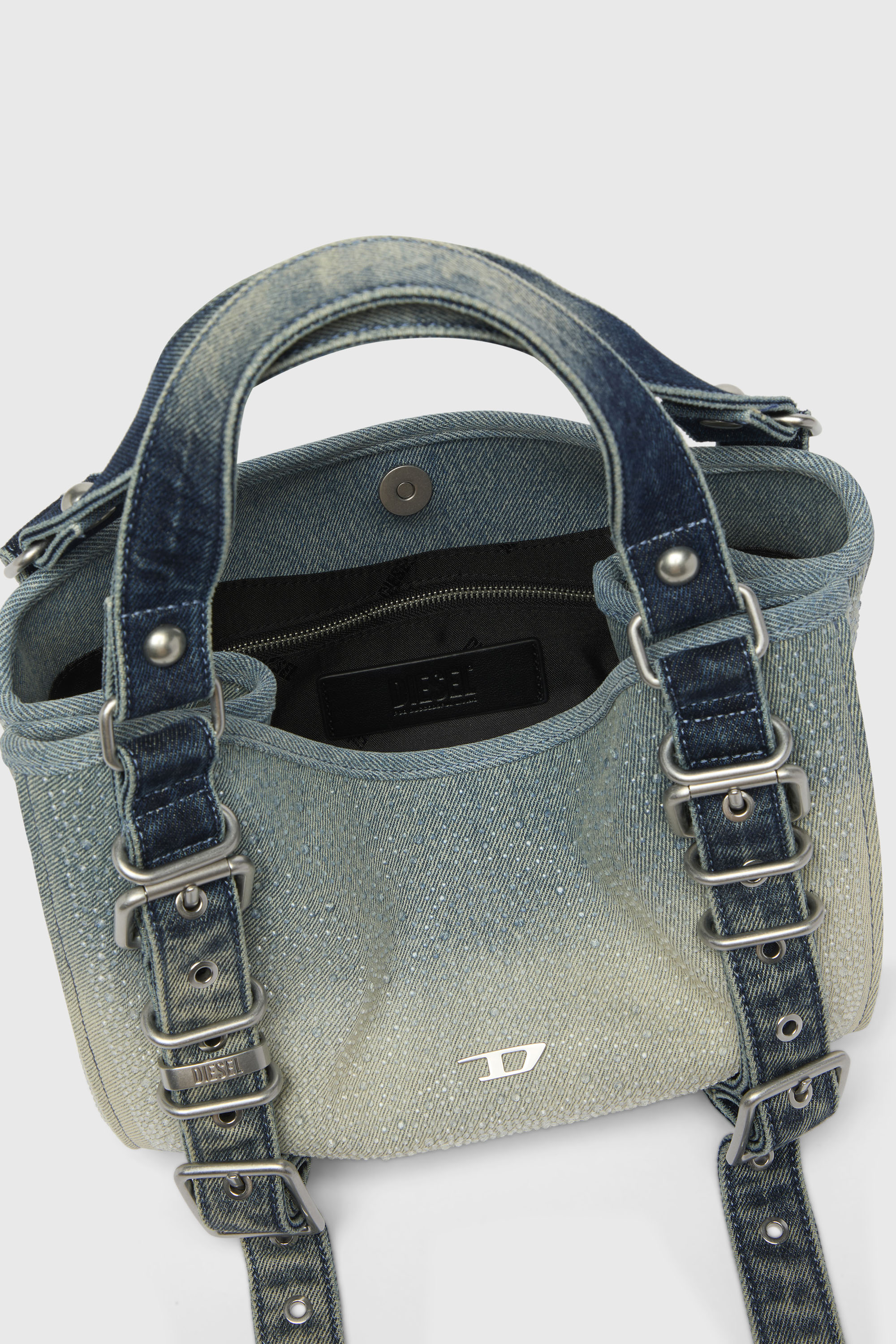 Diesel - D-ONE TOPHANDLE S, Damen D-One-Small Henkeltasche aus solarisiertem Denim mit Kristallen in Blau - 3