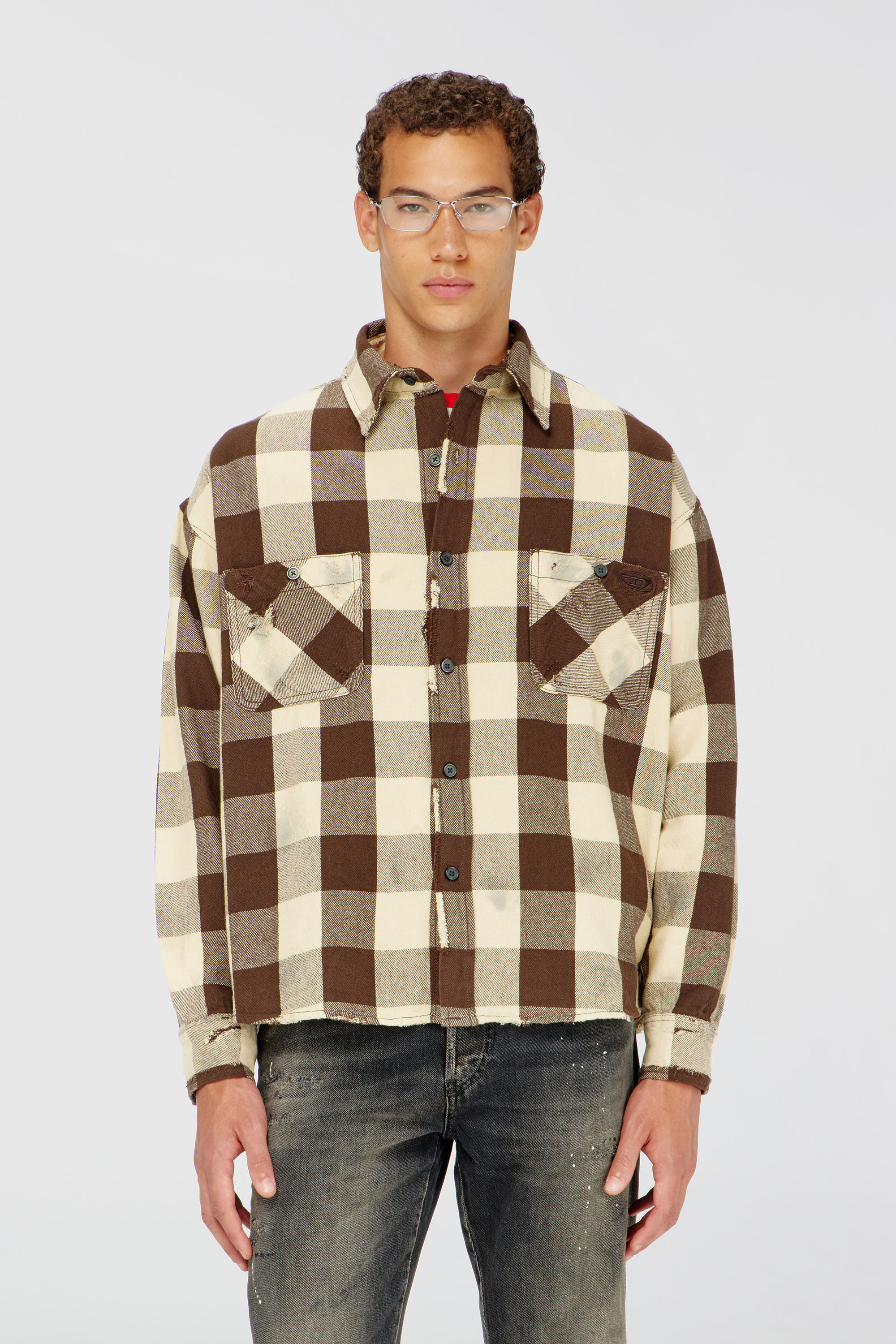 Diesel - S-DRUM, Man's Check flannel shirt with distressed effect in Beige/Brown - 2