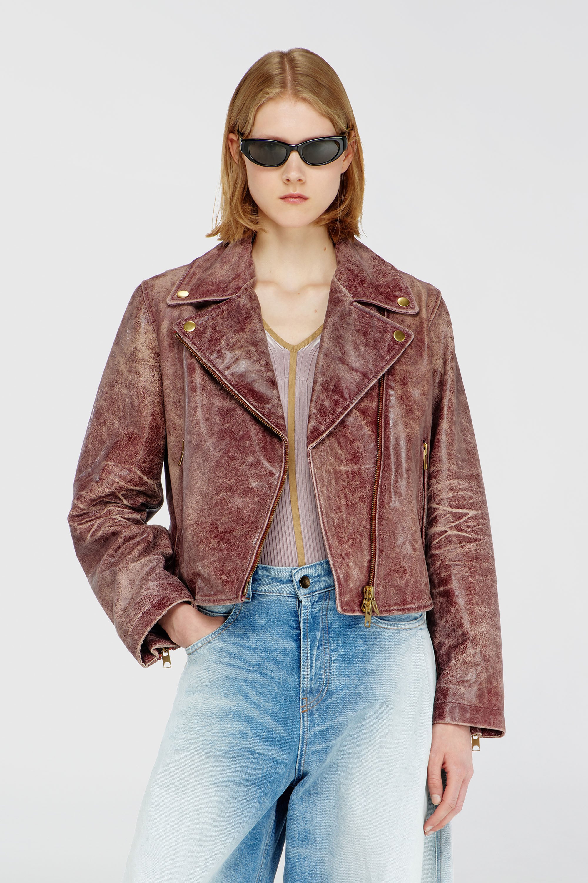 Diesel - L-UNATIC-T1, Veste biker en cuir trait&eacute; Femme in Rouge - 1