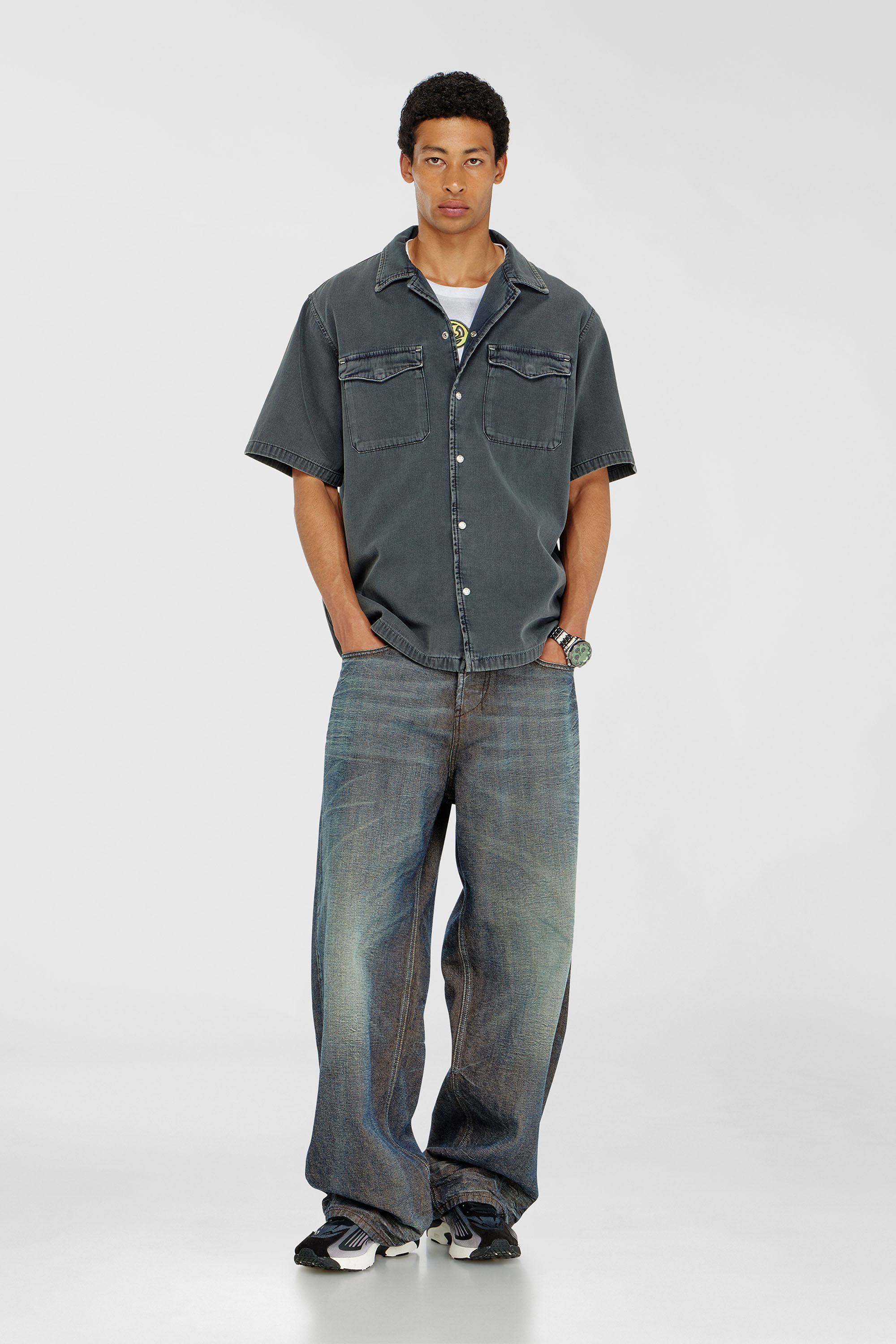Diesel - D-NABIL-P, Herren Bowling-Hemd aus farbigem denim in Dunkelgrau - 1