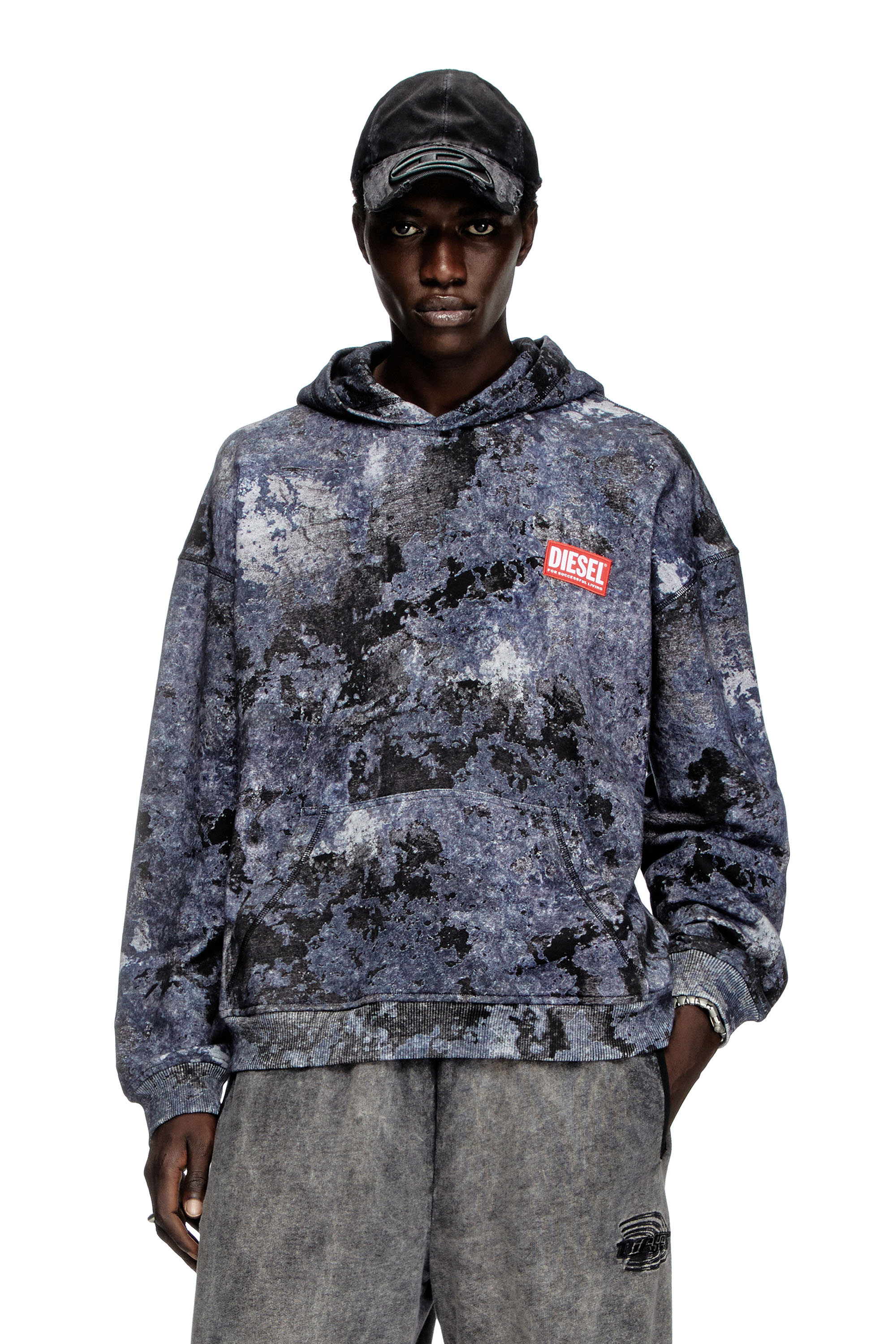 Diesel - S-BOXT-HOOD-R8, Sweat-shirt à capuche dévoré effet marbré Homme in Bleu - 1