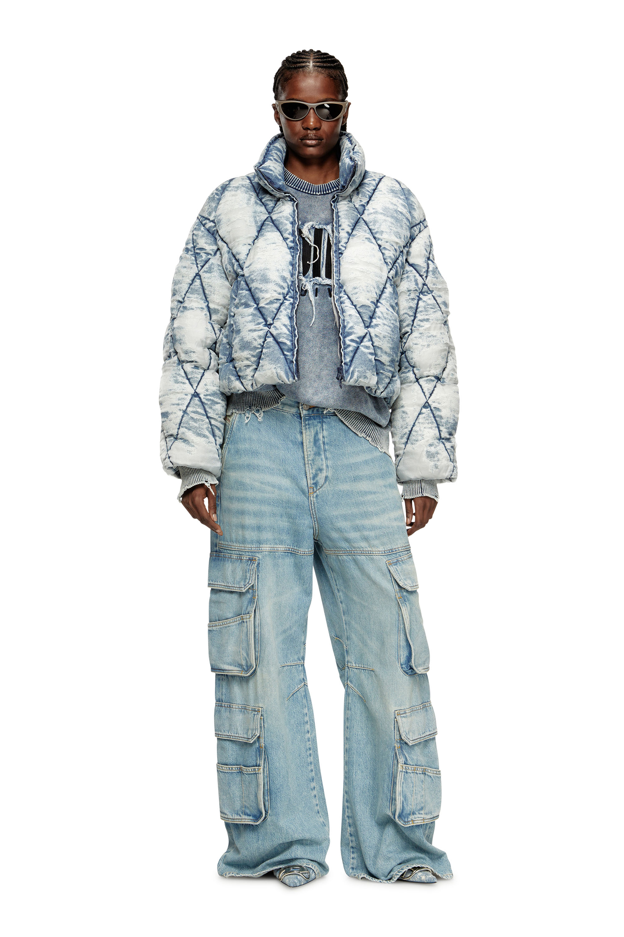 W-HISTEL, Light Blue Diesel - W-HISTEL, Woman's Puffer jacket in argyle-quilted devoré shell in Light Blue - 1