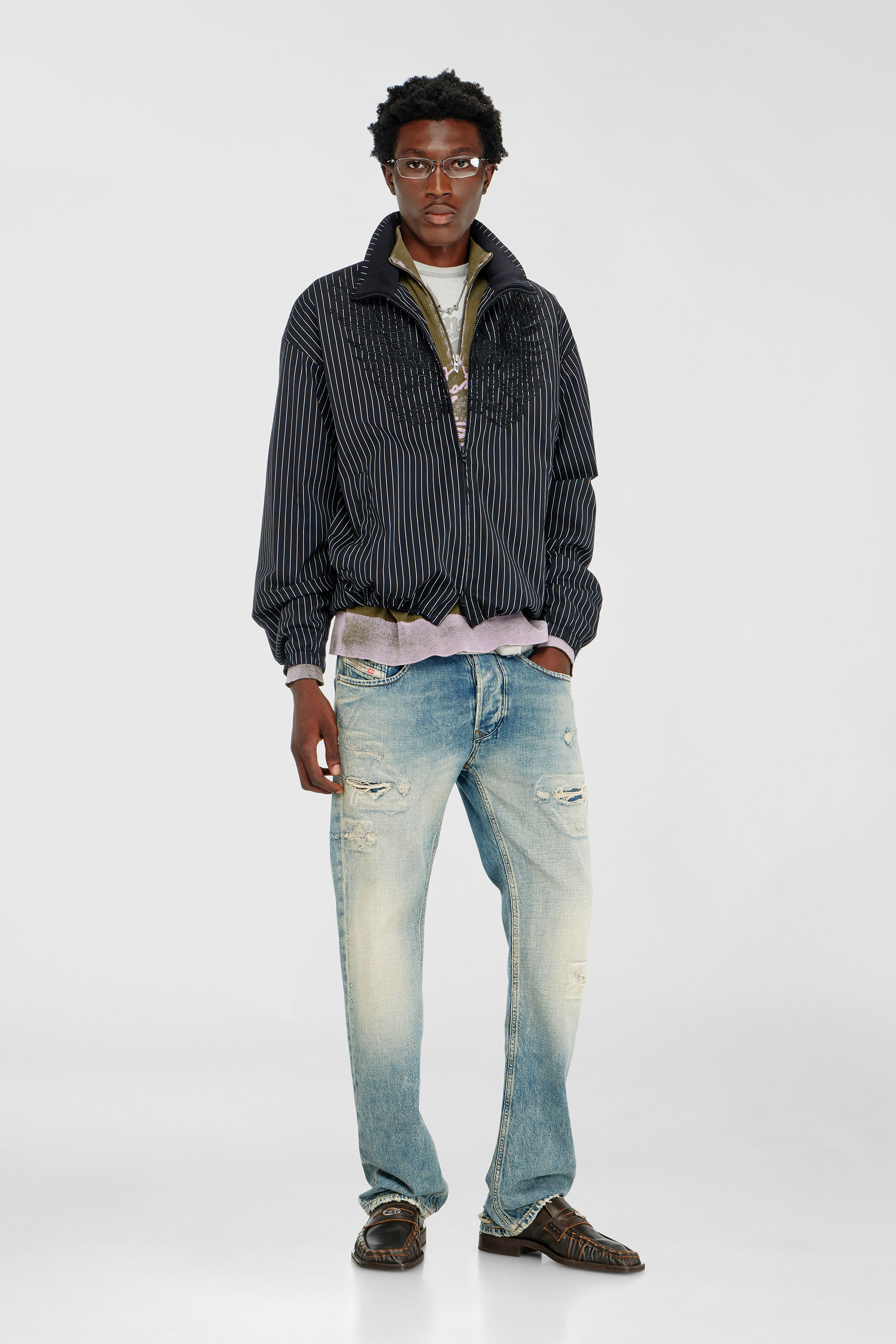 Diesel - J-CORSAR-NJCA, Veste en nylon &agrave; rayures avec broderie Phoenix Homme in Noir - 2