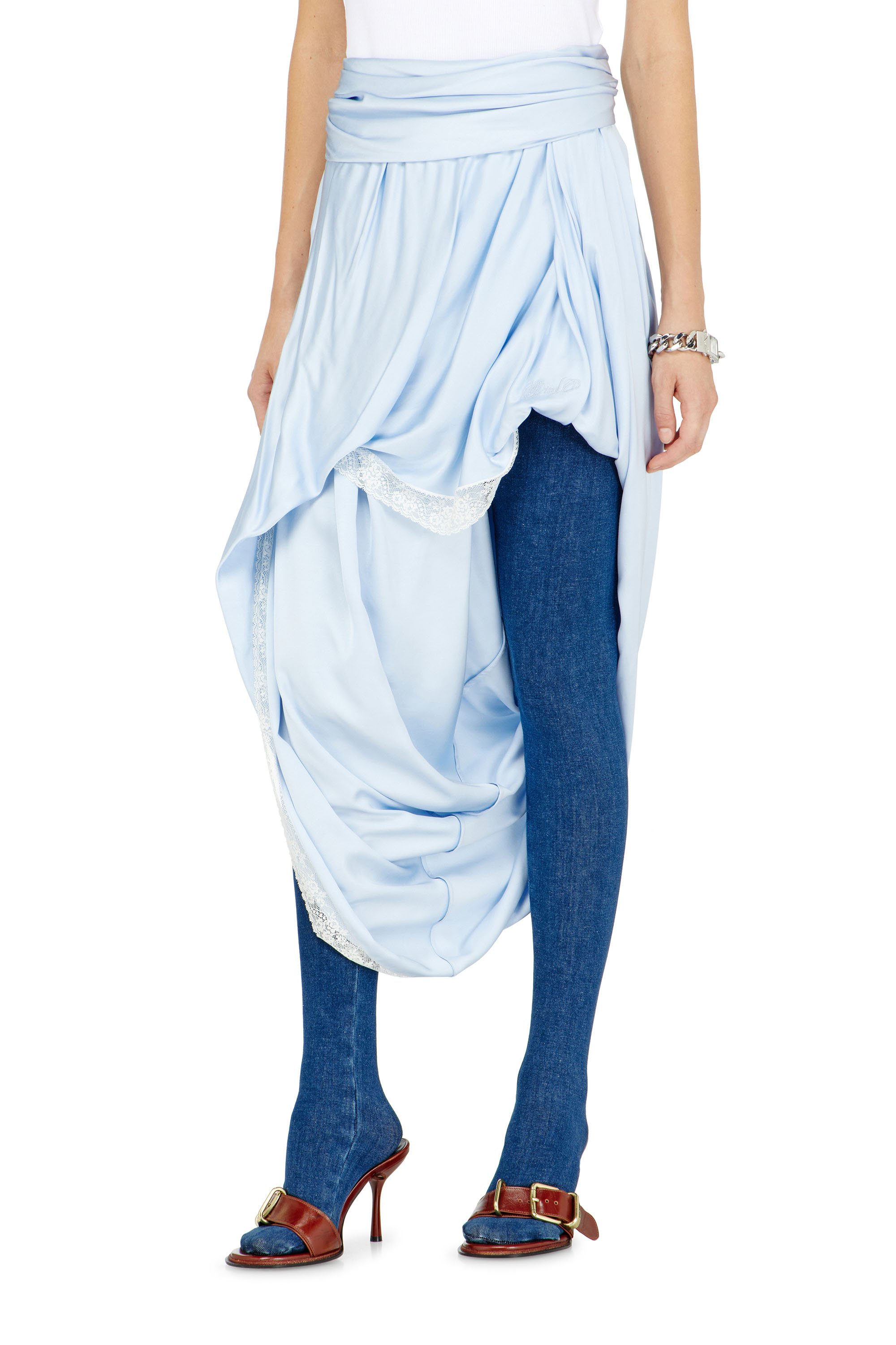 Diesel - O-WANDA, Jupe midi en satin drap&eacute;e avec finition dentelle Femme in ToBeDefined - 2