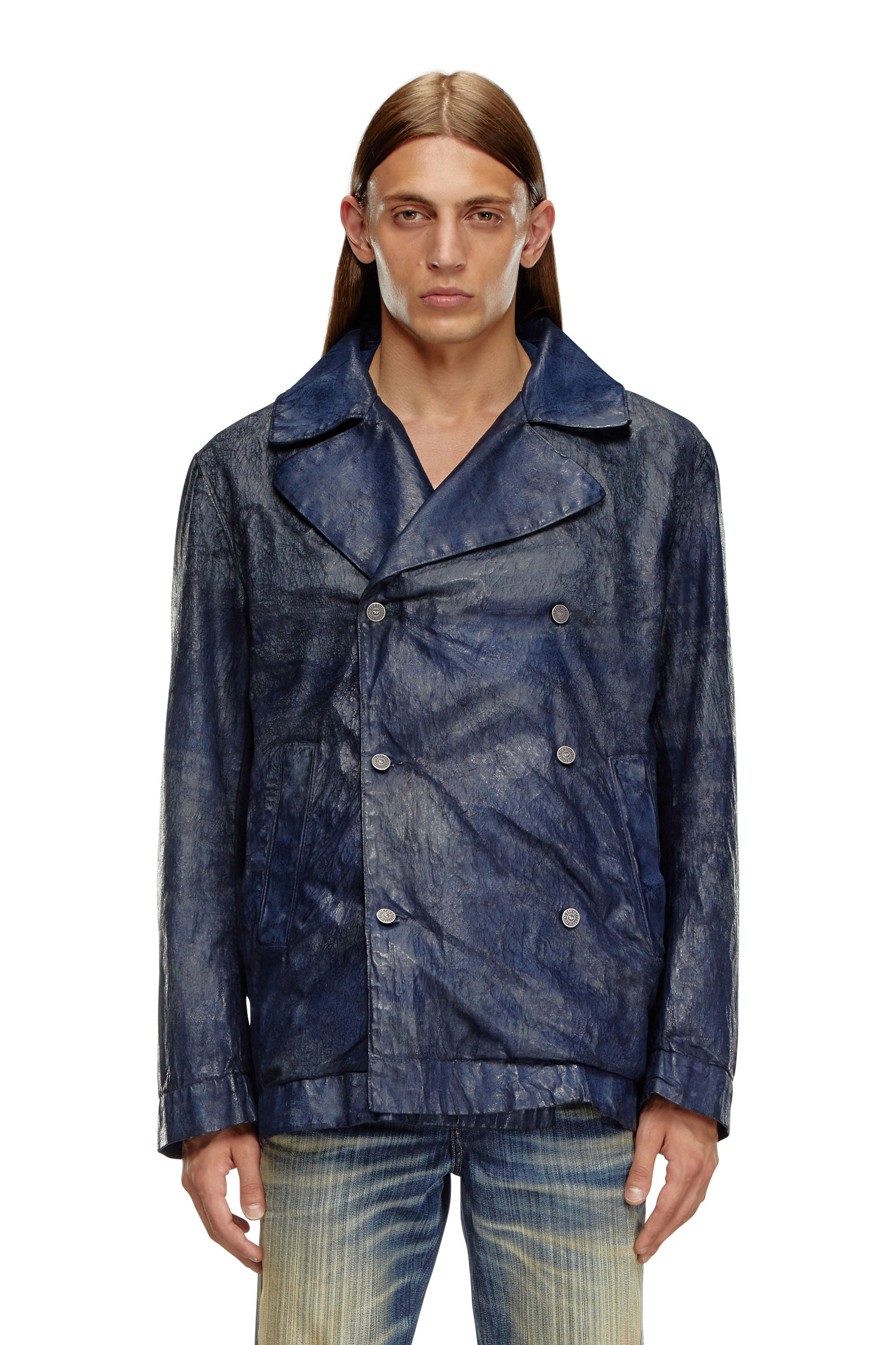 Diesel - D-BONDED-S, Man Double-breasted jacket in coated denim in Blue - Image 1