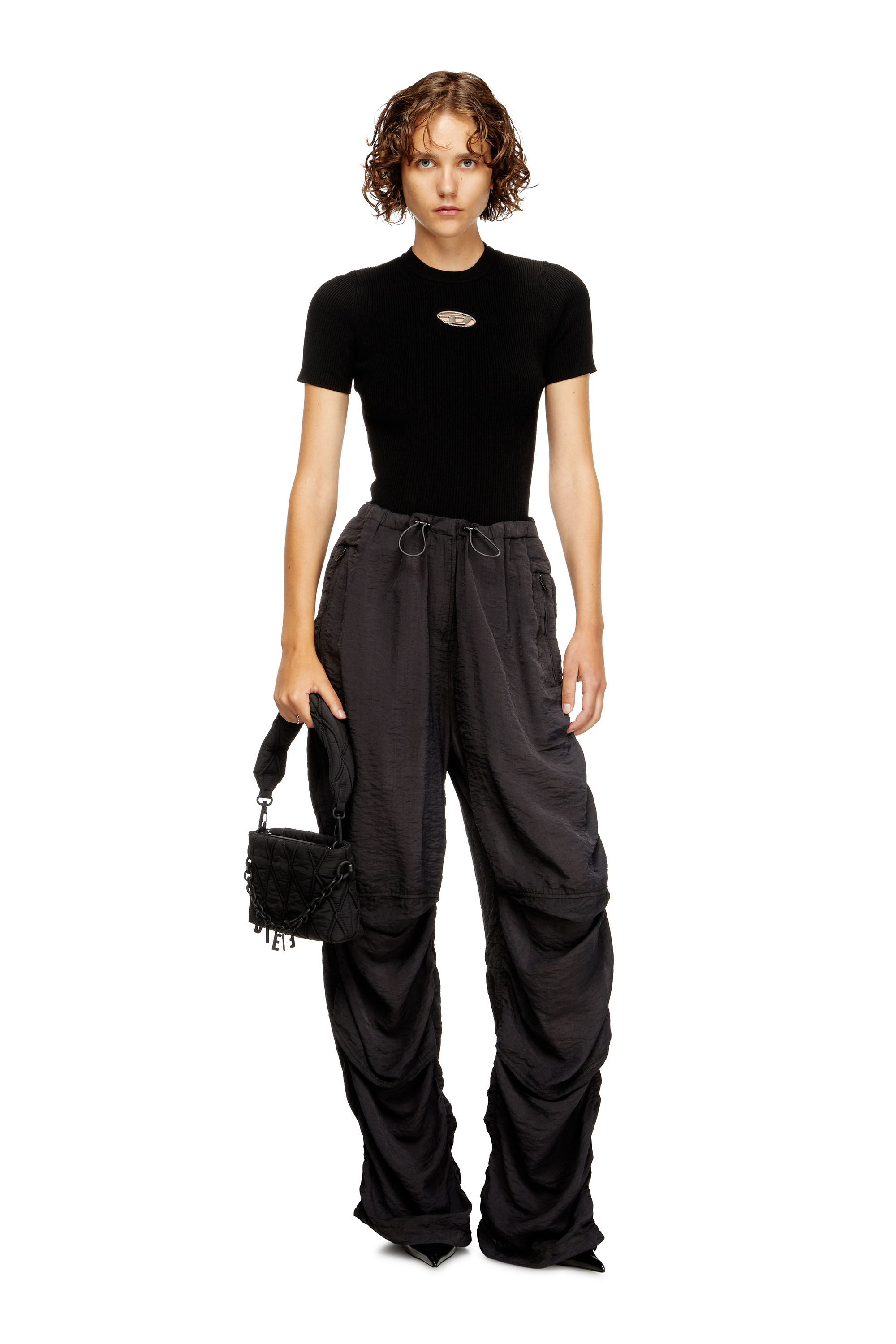 Diesel - M-VALARI-SS, Damen Kurzarm-Pullover mit Oval D aus Metall in Schwarz - 1