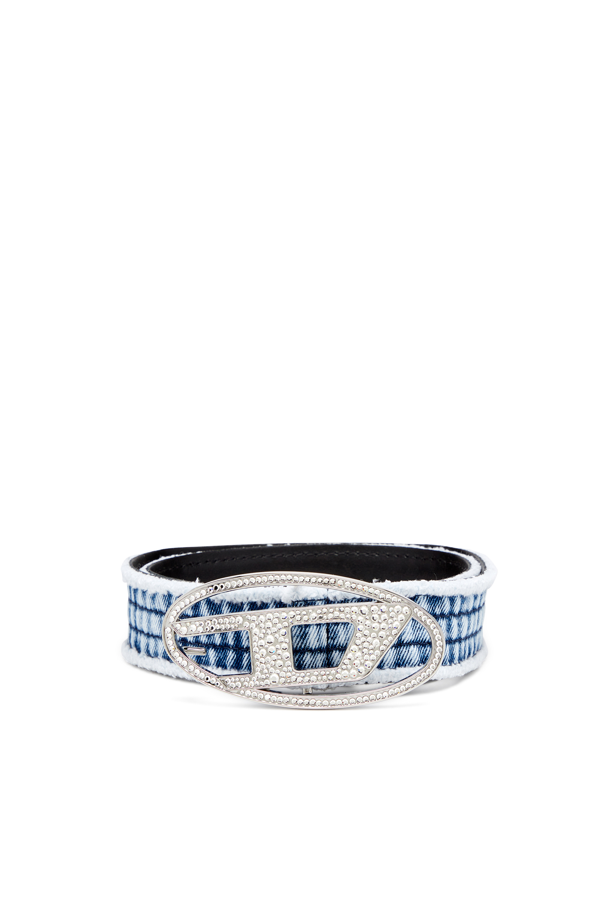 Diesel - B-1DR STRASS, Ceinture en denim et cuir avec boucle en cristal Femme in Bleu - 1