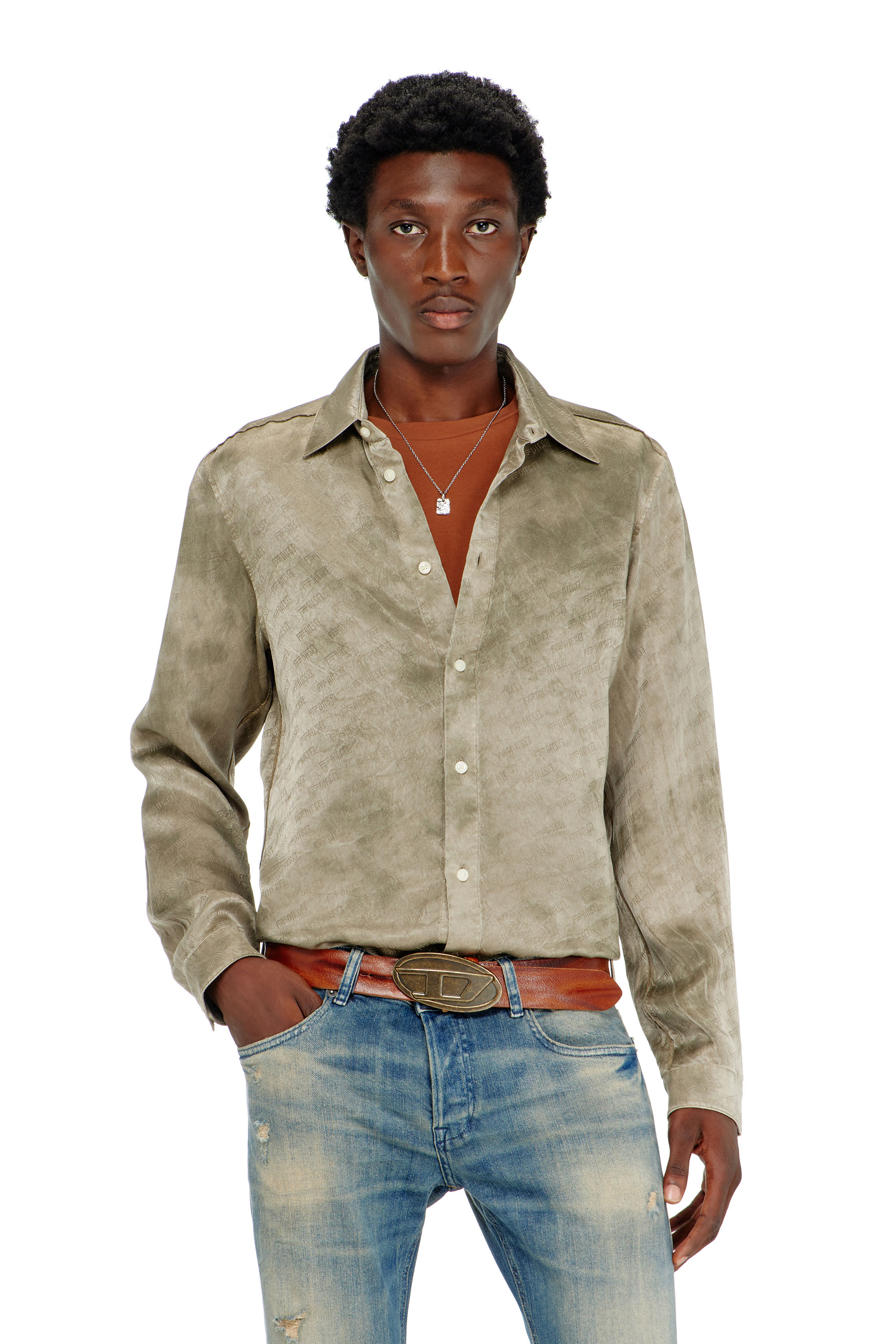 Diesel - S-KISSY-HNBW, Herren Shirt aus logo-jacquard-crinkled satin in Hellbraun - 1