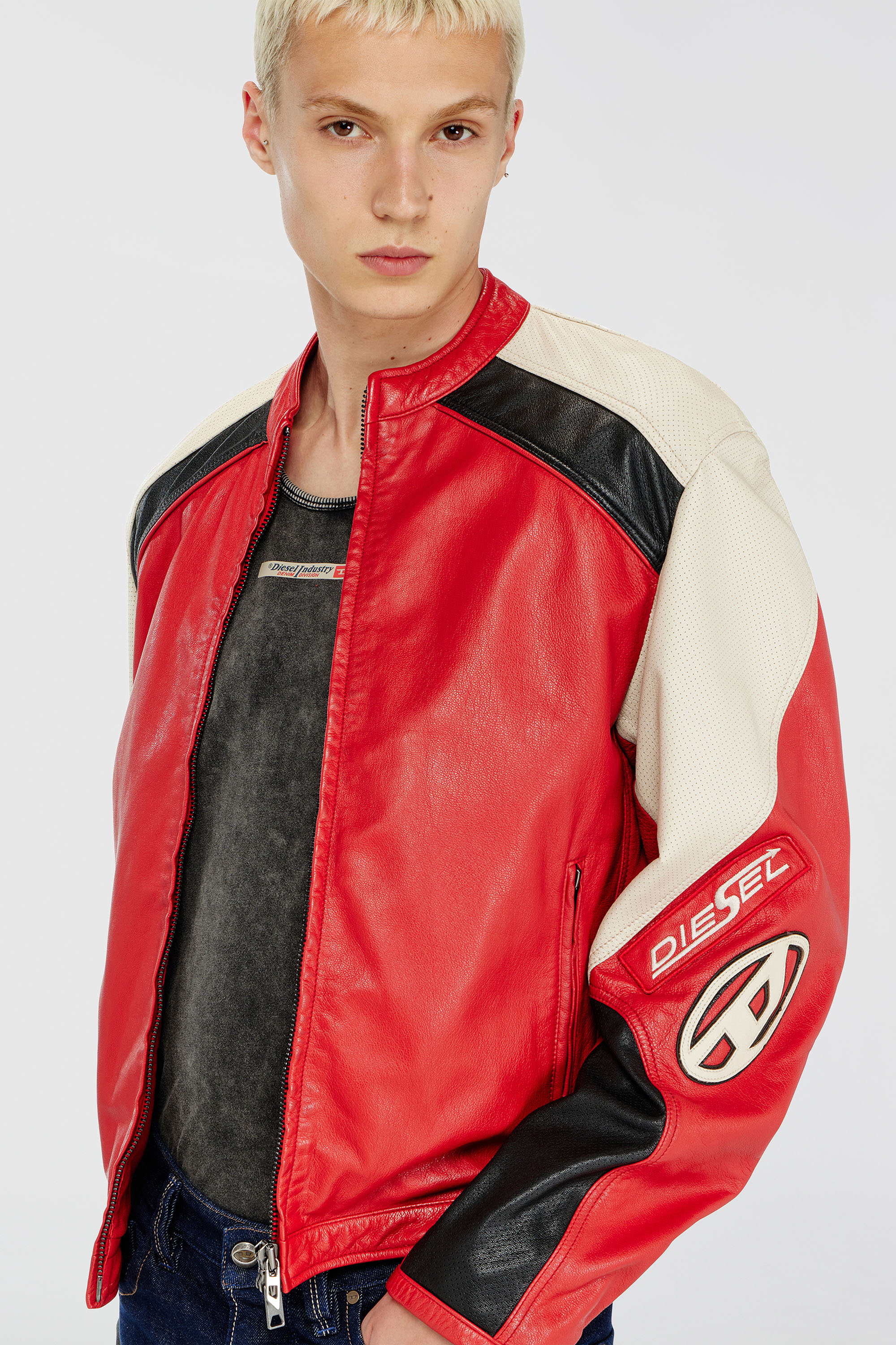 Diesel - L-AHTI, Veste biker en cuir perfor&eacute; bicolore Homme in Polychrome - 5