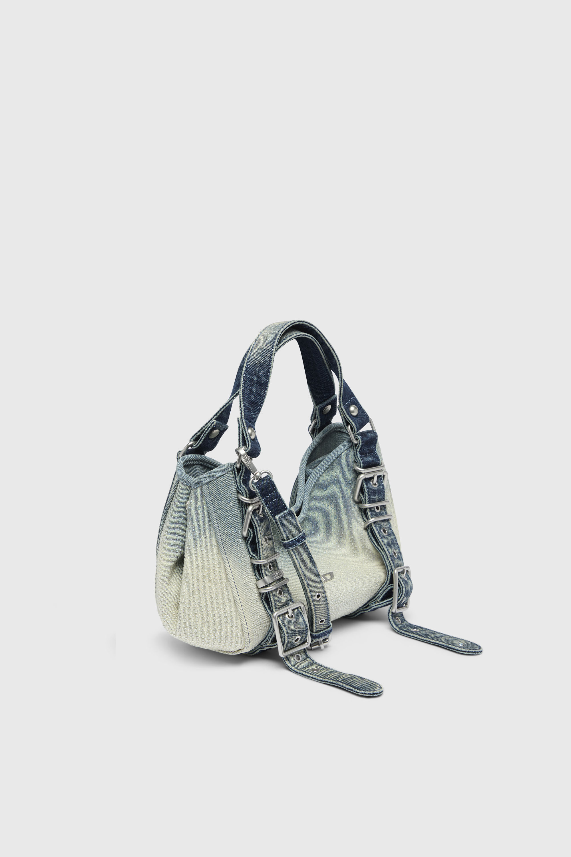 Diesel - D-ONE TOPHANDLE S, Damen D-One-Small Henkeltasche aus solarisiertem Denim mit Kristallen in Blau - 4