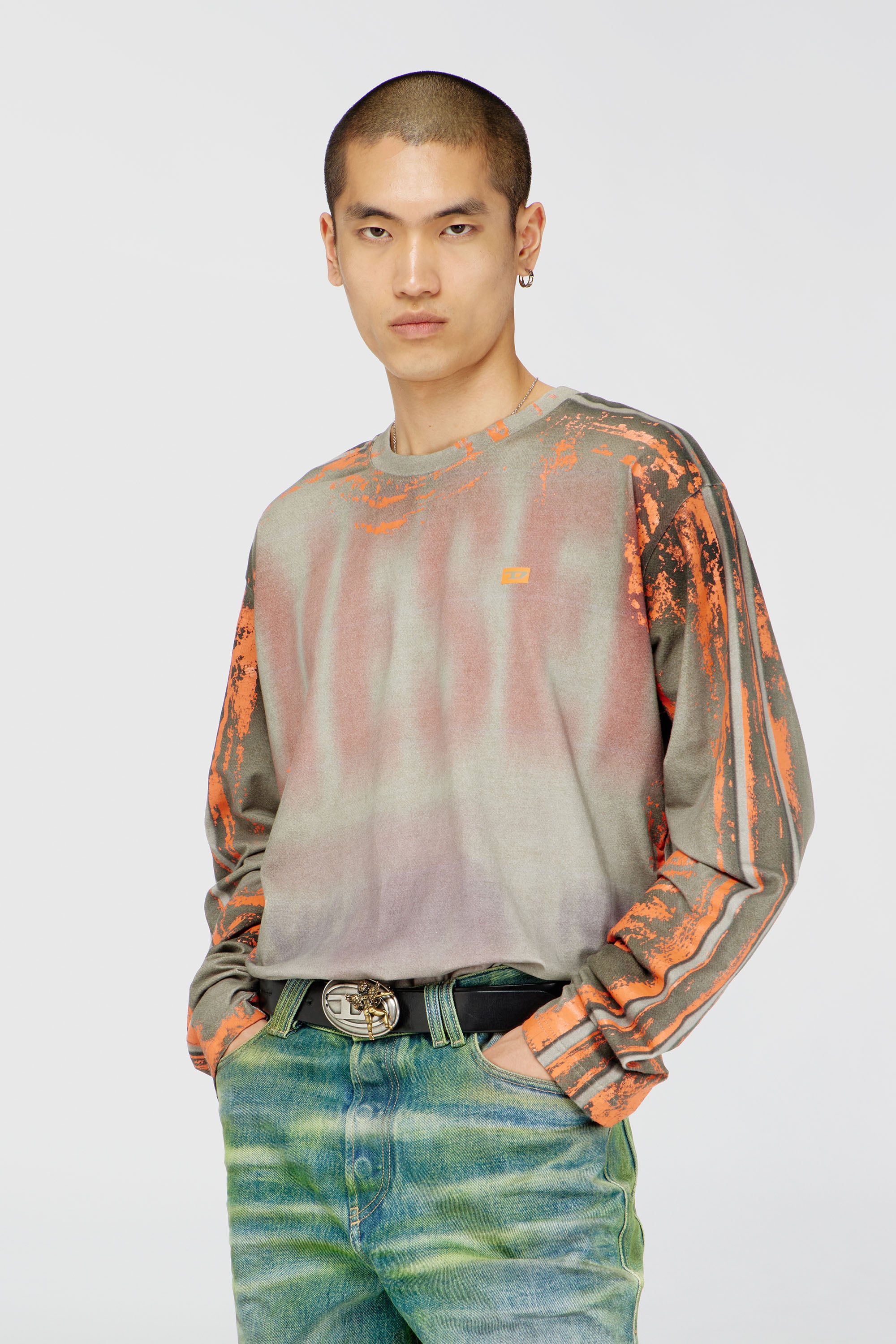 Diesel - T-FILMY, Herren Langarmshirt aus Cracked Jersey in Grau/Orange - 1
