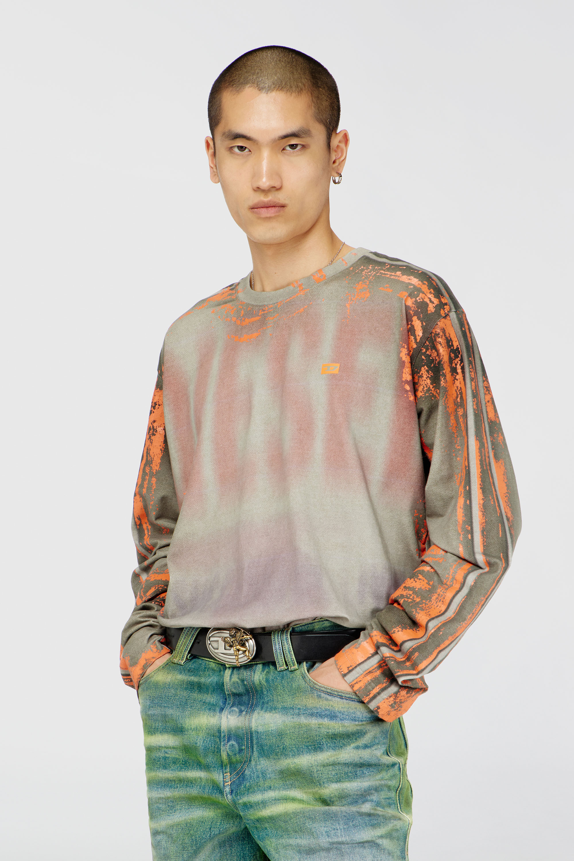 Diesel - T-FILMY, Herren Langarmshirt aus Cracked Jersey in Grau/Orange - 3