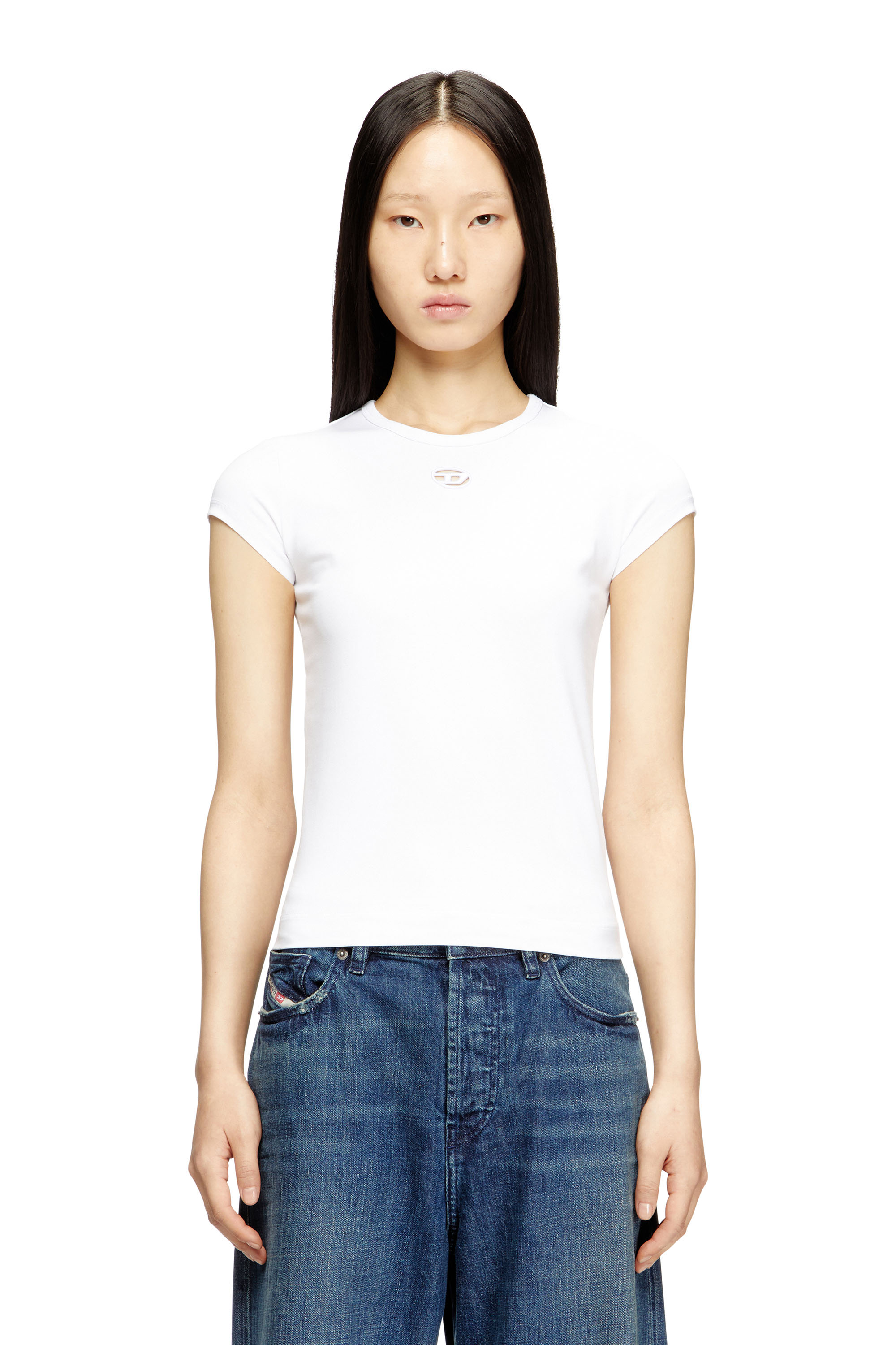 Diesel - T-ANGIE-OD, Damen T-Shirt mit ausgeschnittenem, besticktem Logo in Weiß - 1