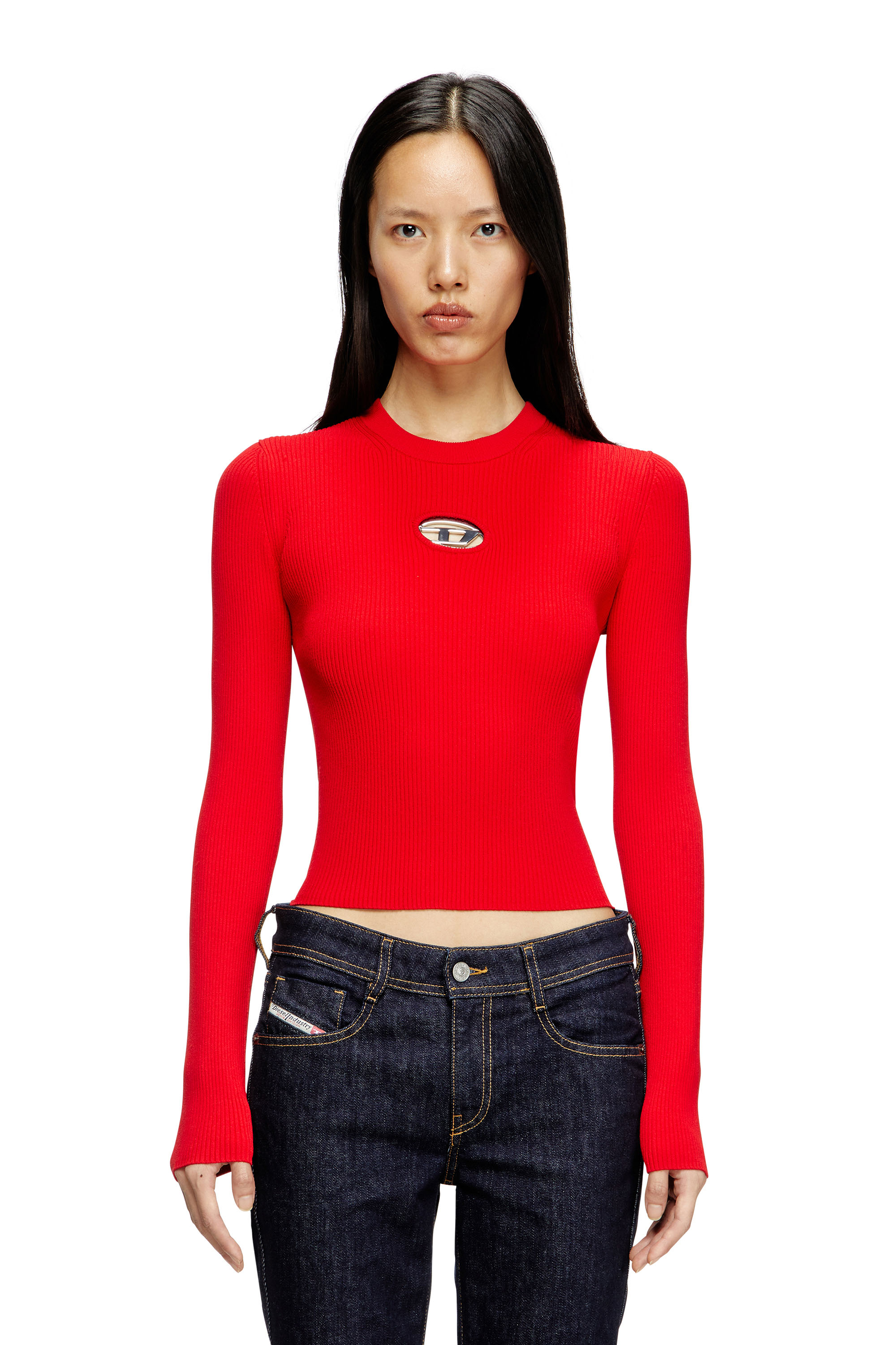 Diesel - M-VALARI, Top en viscose mélangée côtelée avec Oval D Femme in Rouge - 1