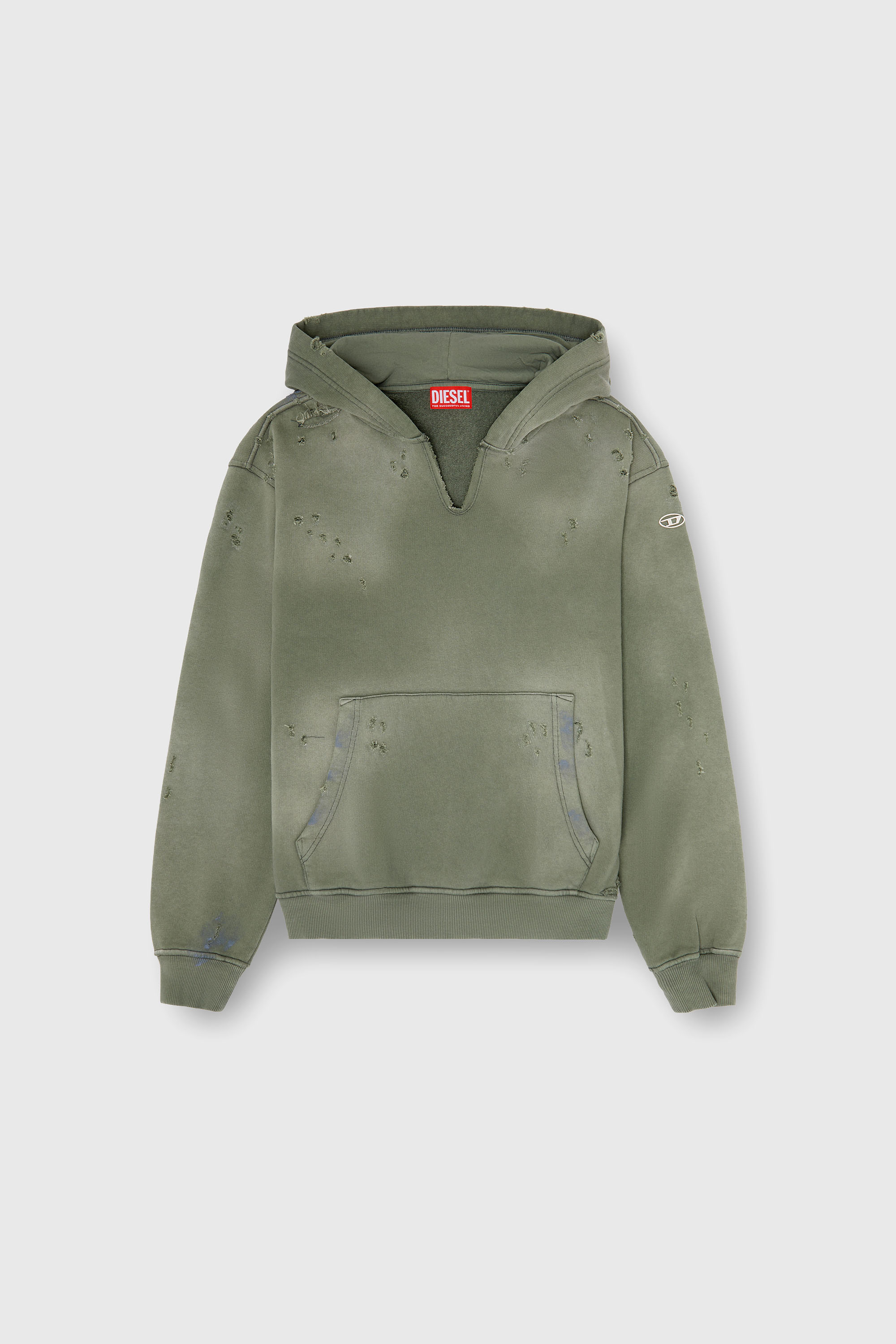 Diesel - S-KEITHY, Hoodie effetto distressed con scollo a V Uomo in Verde - 2