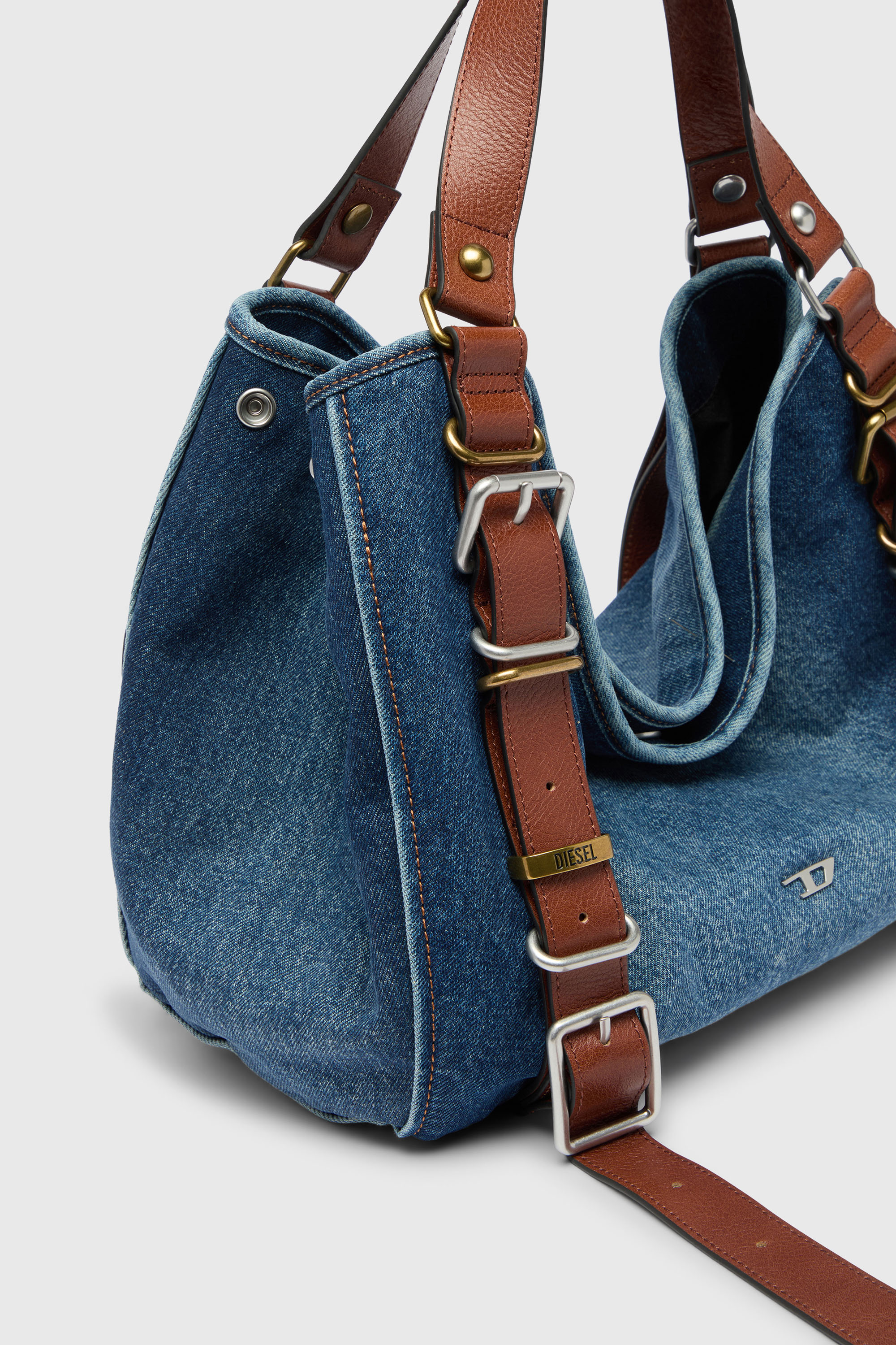 Diesel - D-ONE TOPHANDLE M, D-One-Borsa media a mano in denim e pelle Donna in Blu - 5