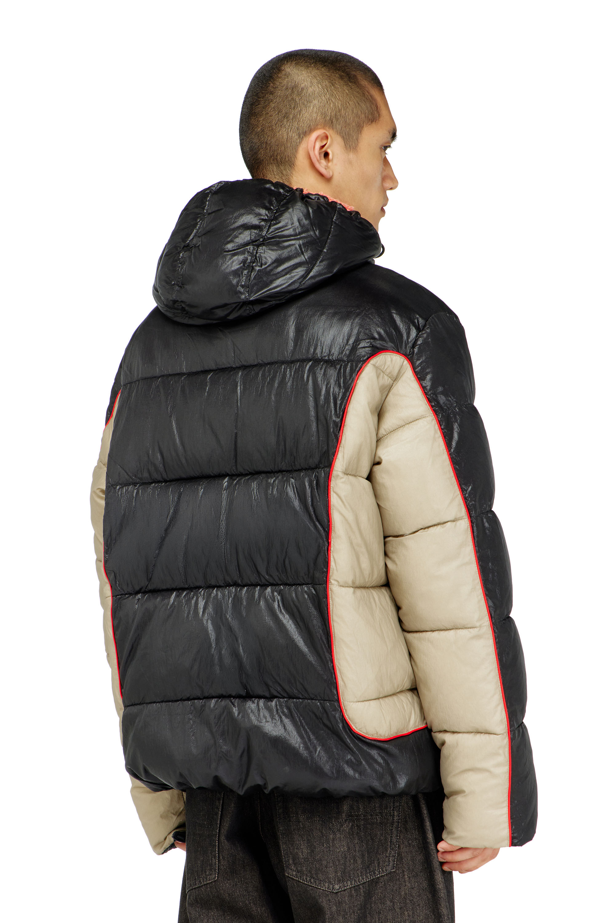 Diesel - W-OSTEND, Man's Hooded puffer jacket in shiny ripstop in Black/Beige - 4