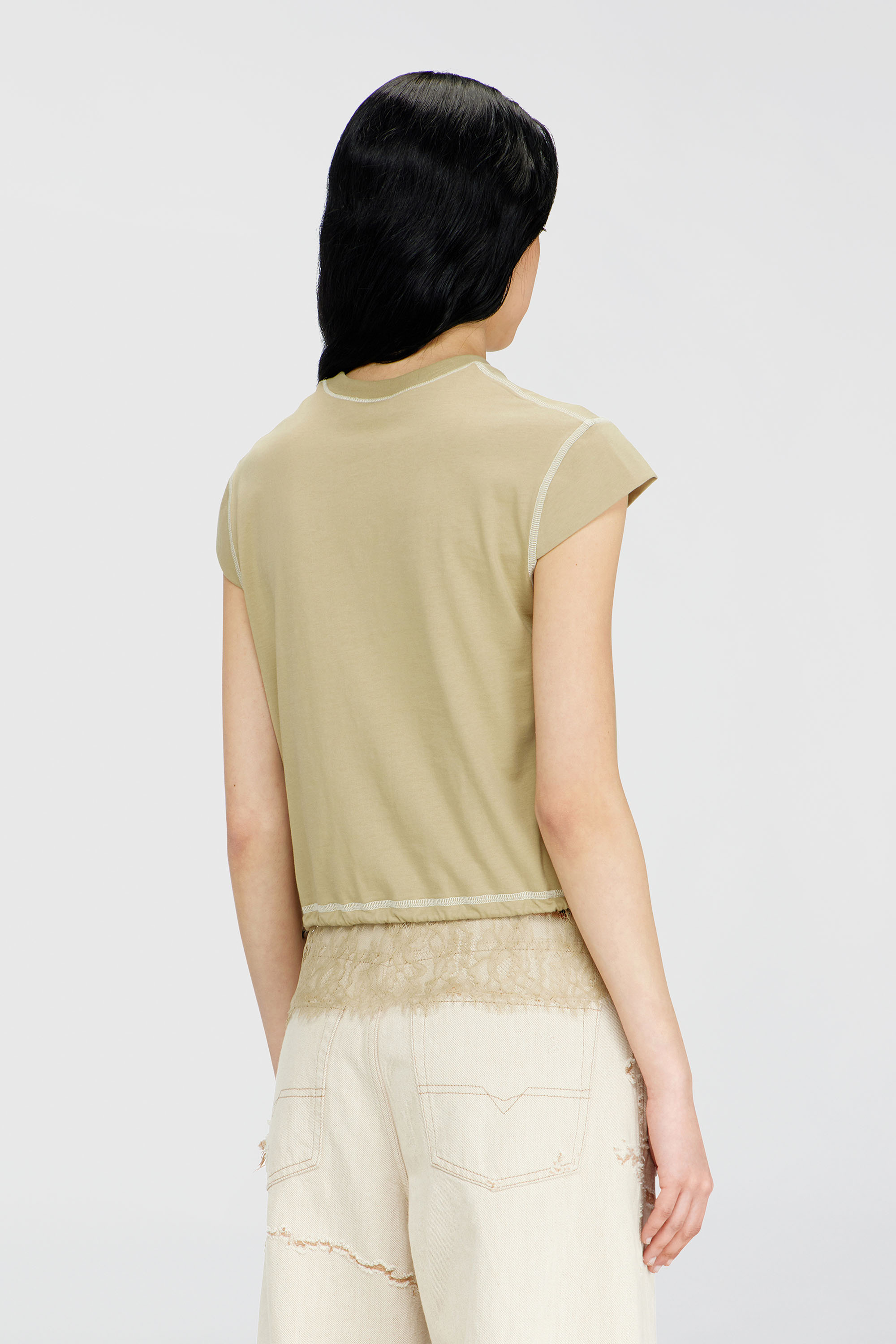 Diesel - T-LUNA, T-shirt en jersey avec ourlet en dentelle Femme in Beige - 4