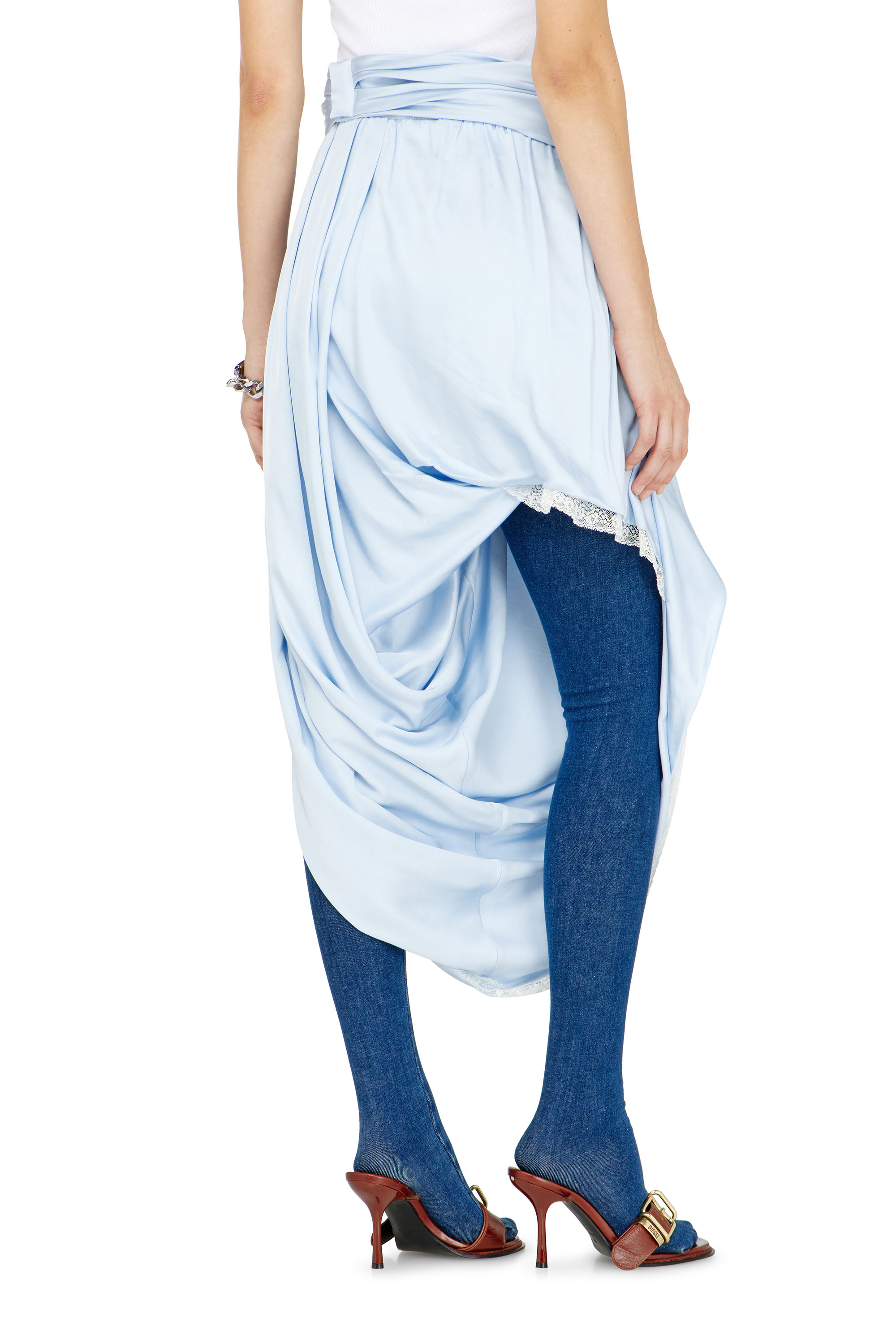 Diesel - O-WANDA, Jupe midi en satin drap&eacute;e avec finition dentelle Femme in ToBeDefined - 3