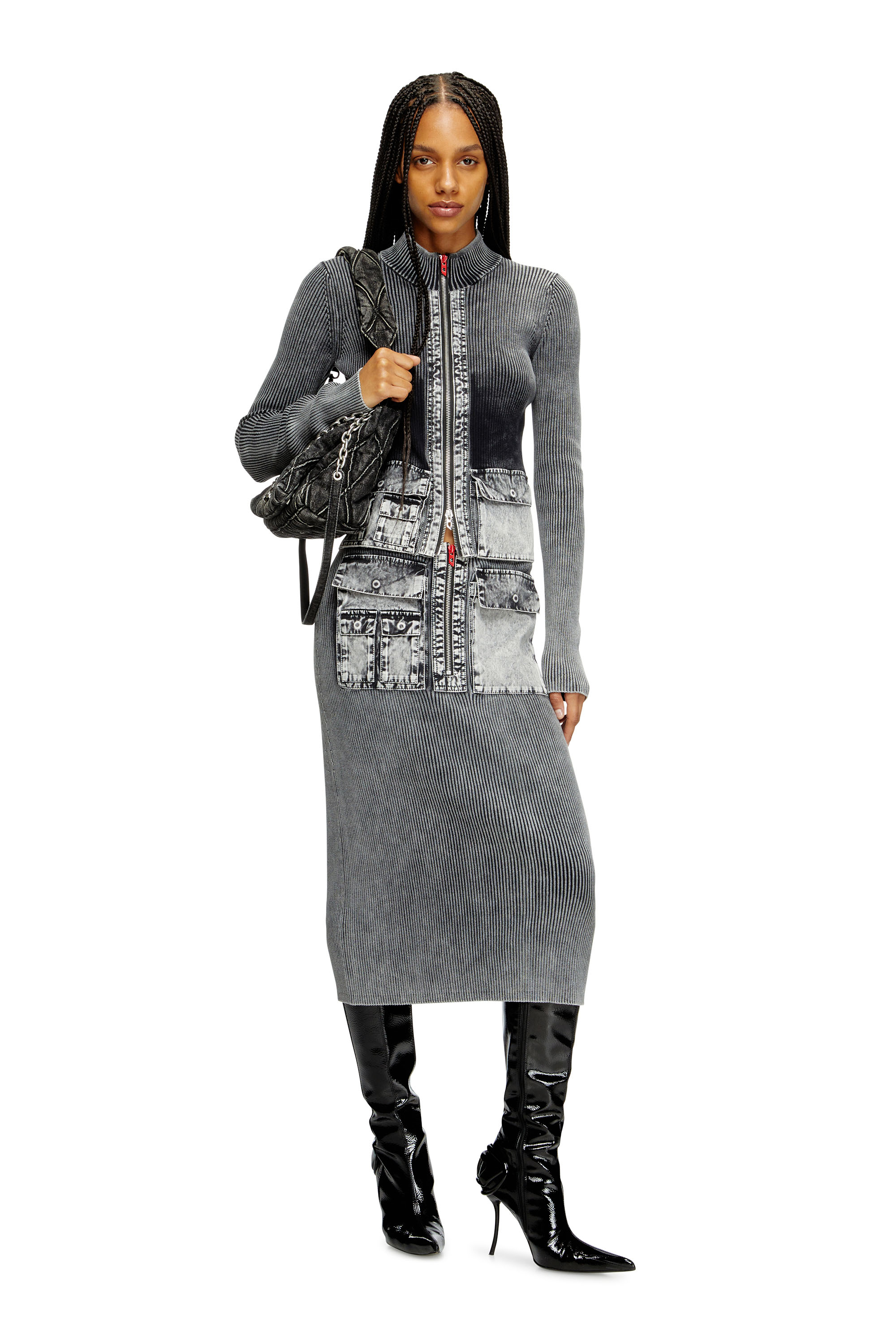 M-MERYN, Dunkelgrau Diesel - M-MERYN, Damen Midirock aus Strick mit Cargotaschen aus Denim in Dunkelgrau - 1