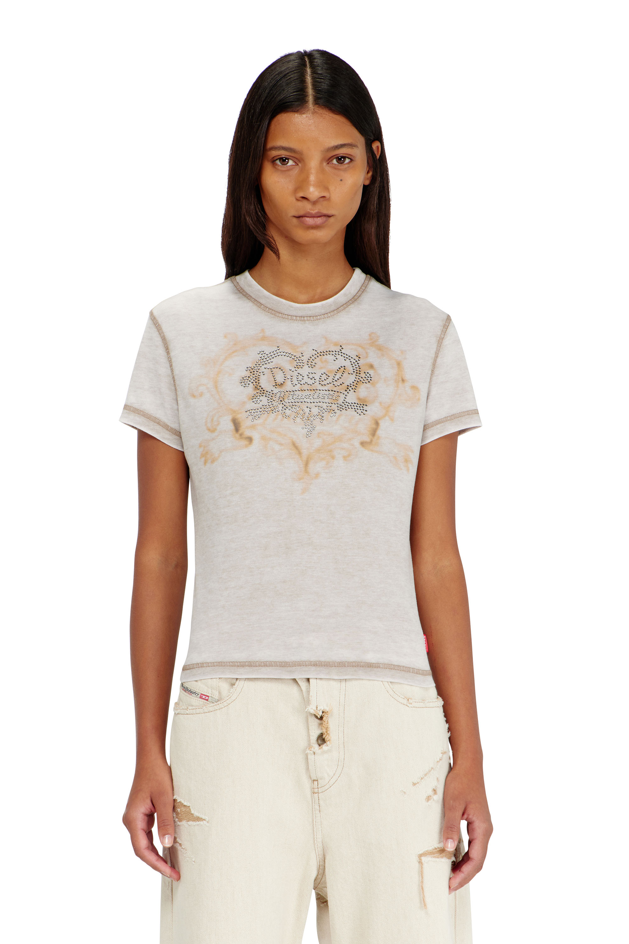 Diesel - T-ILA-AA1, T-shirt en jersey avec strass et burnout effect Femme in Gris - 1