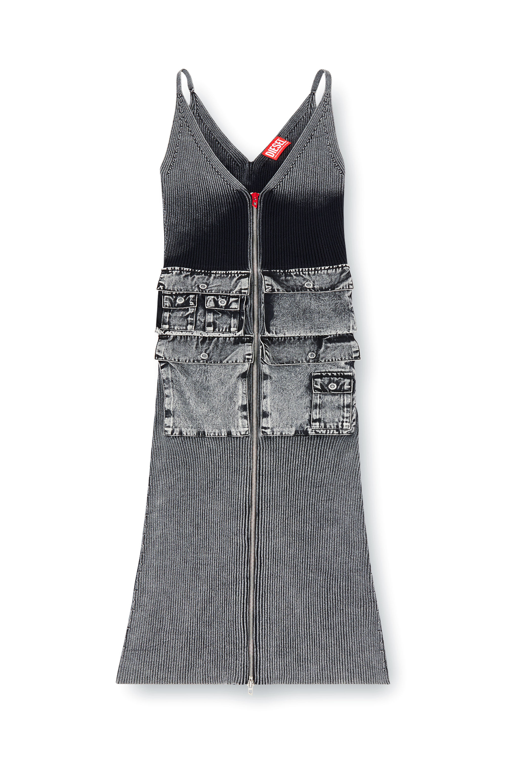 Diesel - M-MELTI, Robe midi en maille avec poches cargo en denim Femme in Gris - 1