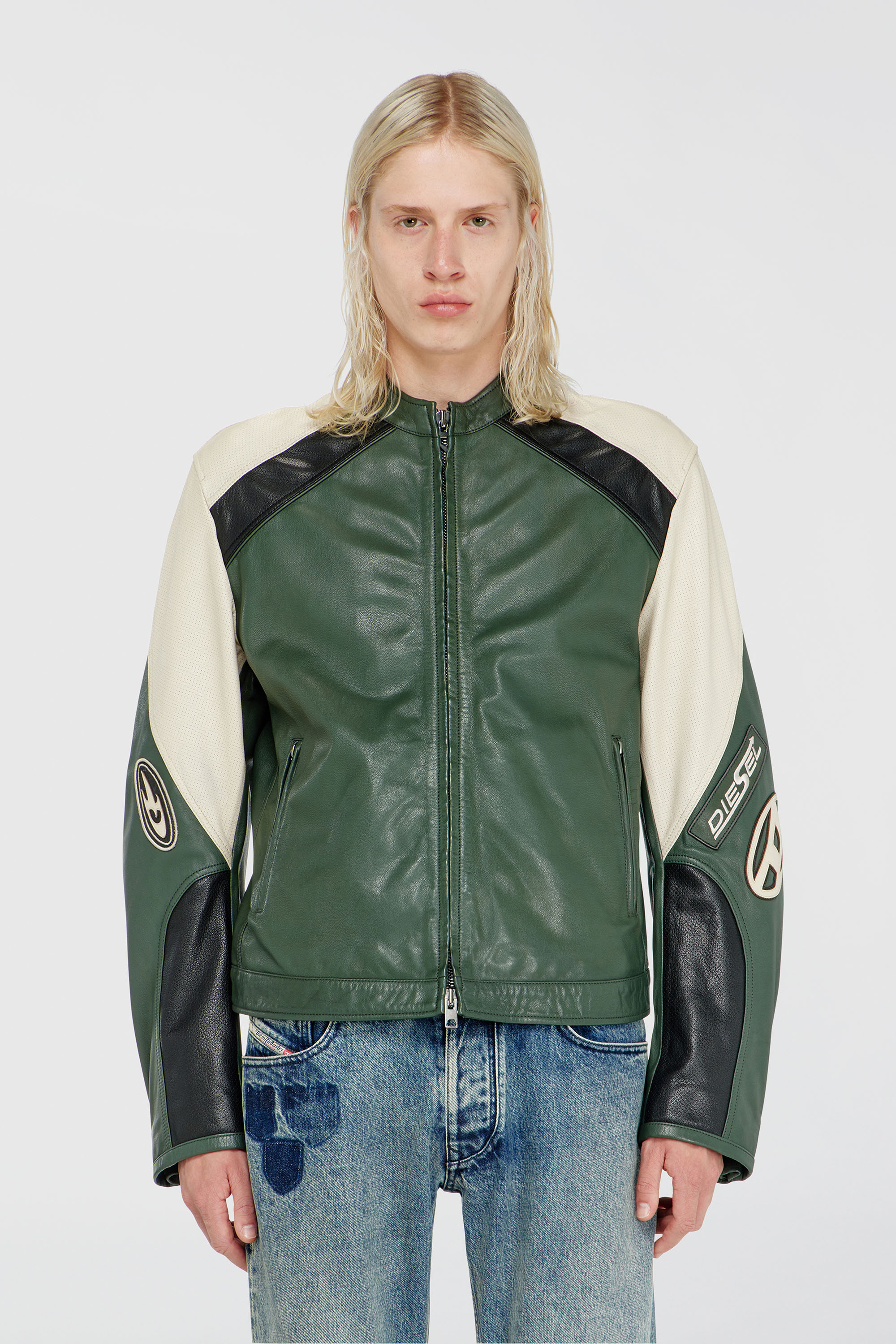 Diesel - L-AHTI, Herren Bikerjacke aus perforiertem Colour-Block-Leder in Beige/Schwarz - 5