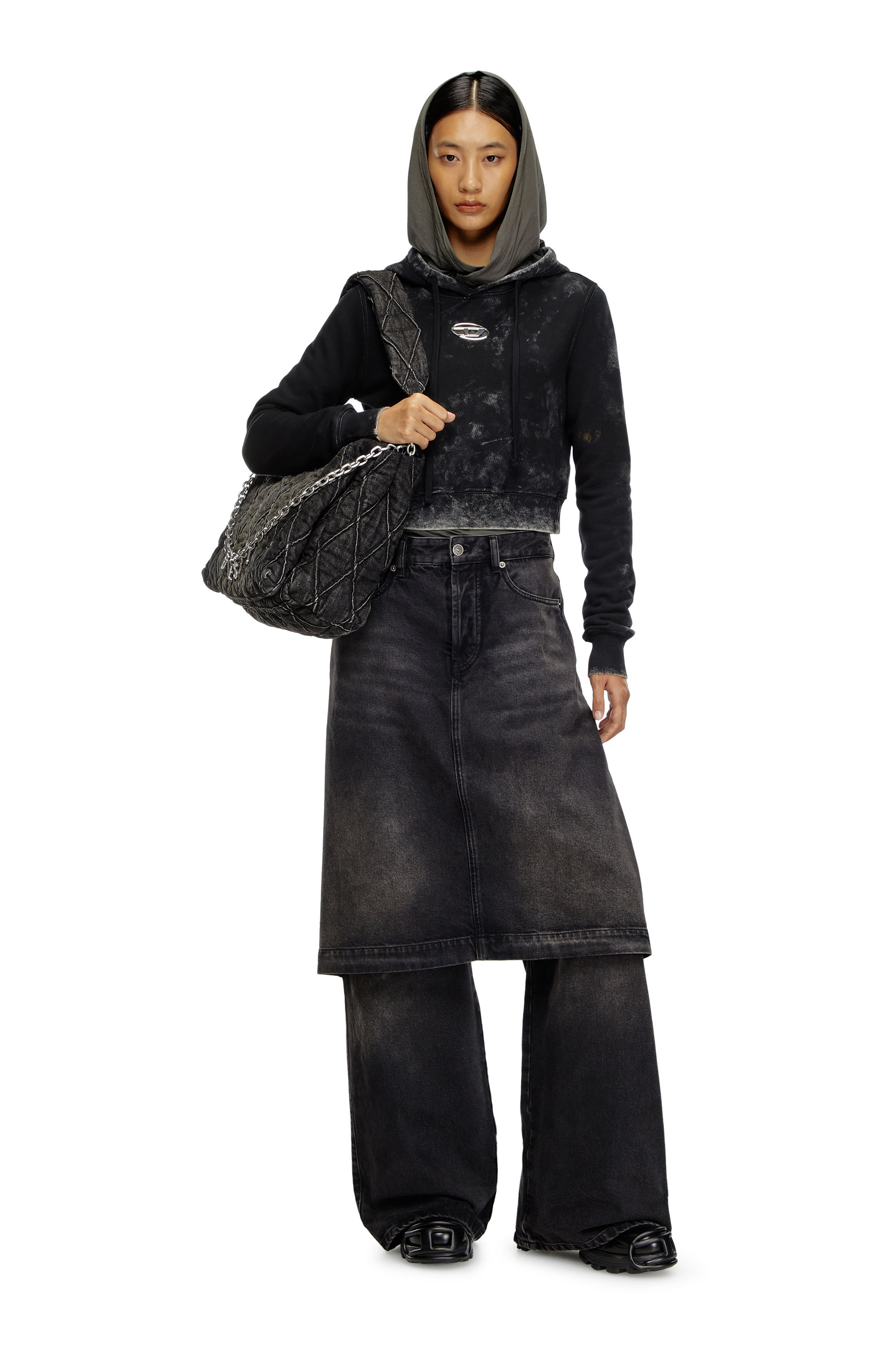 Diesel - F-SLIMMY-HOOD-P5, Femme Sweat-shirt à capuche délavé avec logo en métal in Noir - Image 2