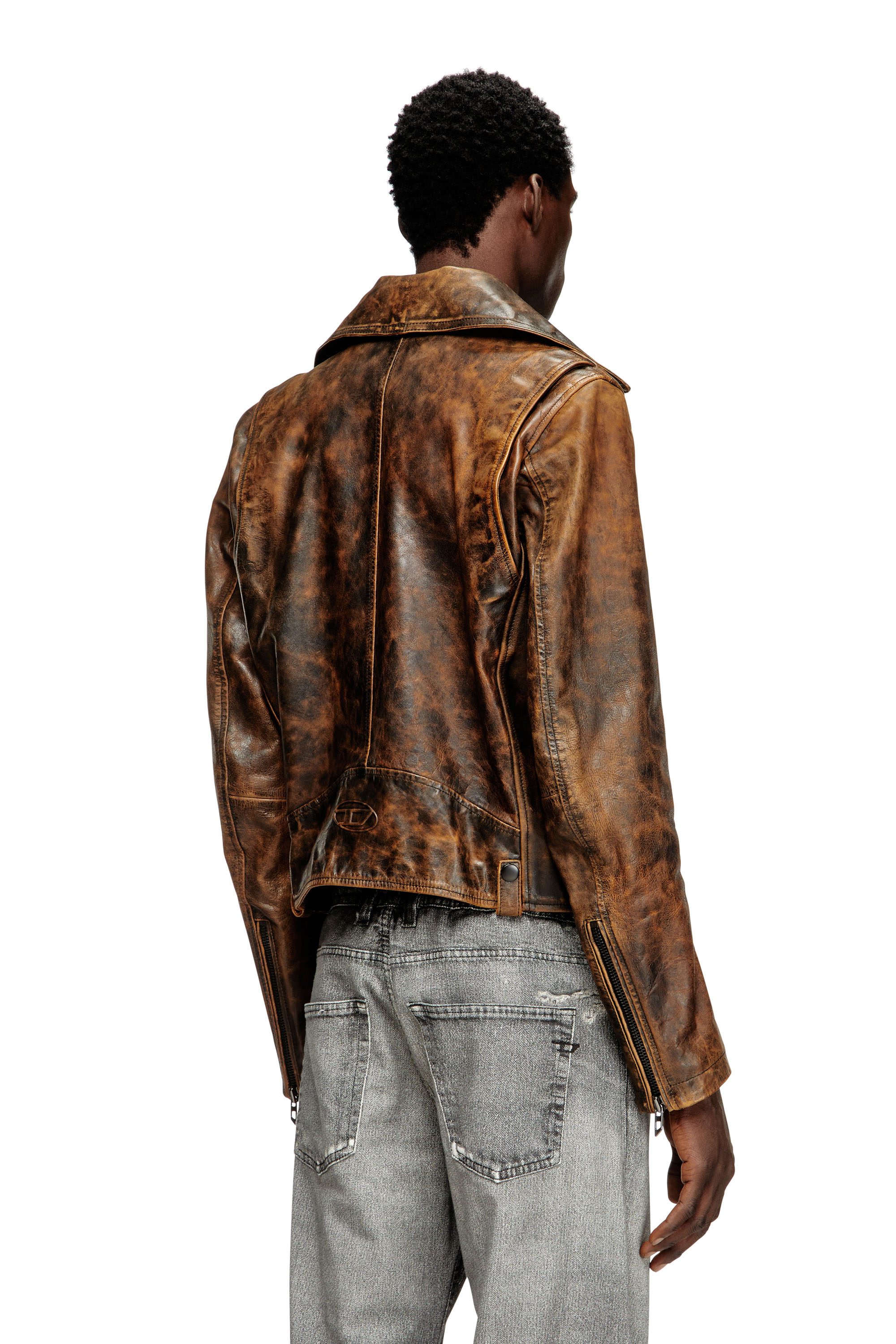 Diesel - L-EON, Giacca biker in pelle trattata Uomo in Marrone - 4