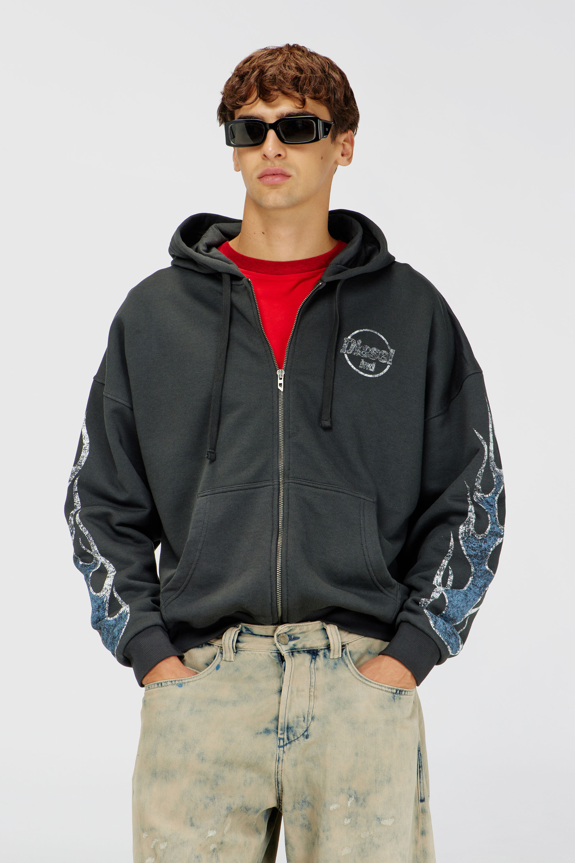 Diesel - S-TOLY-ZIP, Herren Kapuzensweatjacke mit crack print in Dunkelgrau - 1