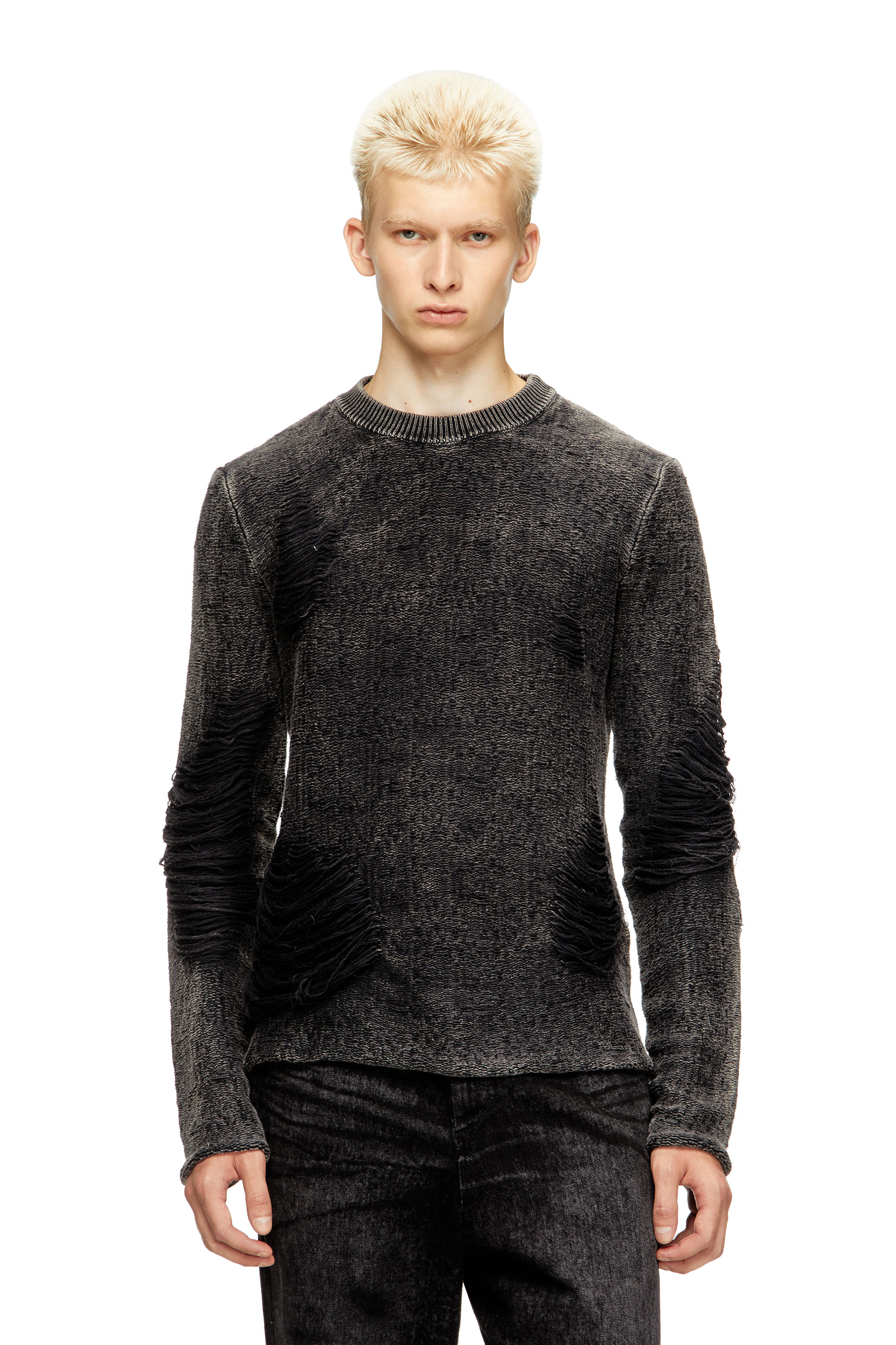Diesel - K-FJORDI-ROUND, Herren Destroyed-Pullover mit schwebenden Garnen in Schwarz - 1
