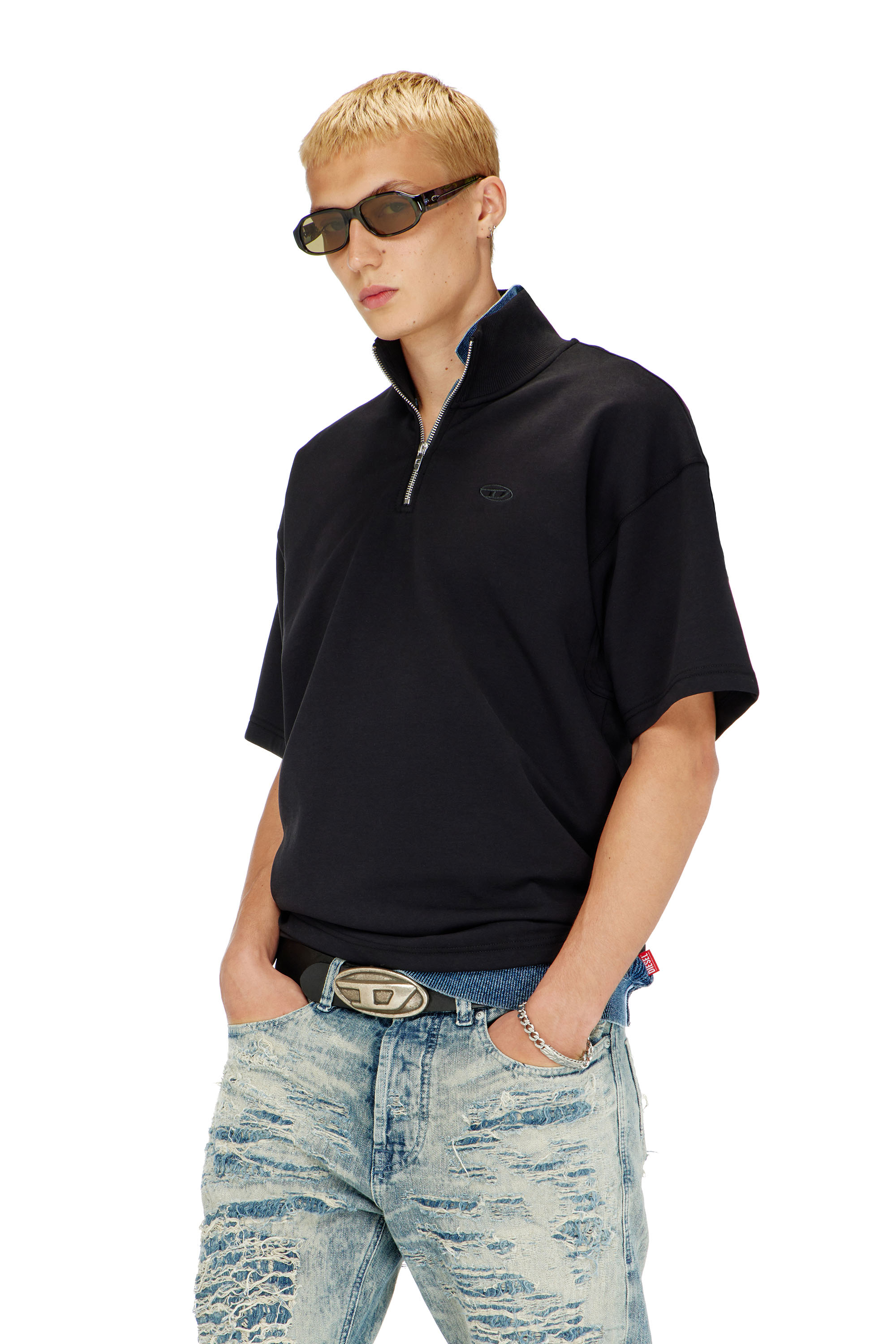 Diesel - S-CUBY, Sweat-shirt &agrave; manches courtes zipp&eacute; en scuba l&eacute;ger Homme in Noir - 3