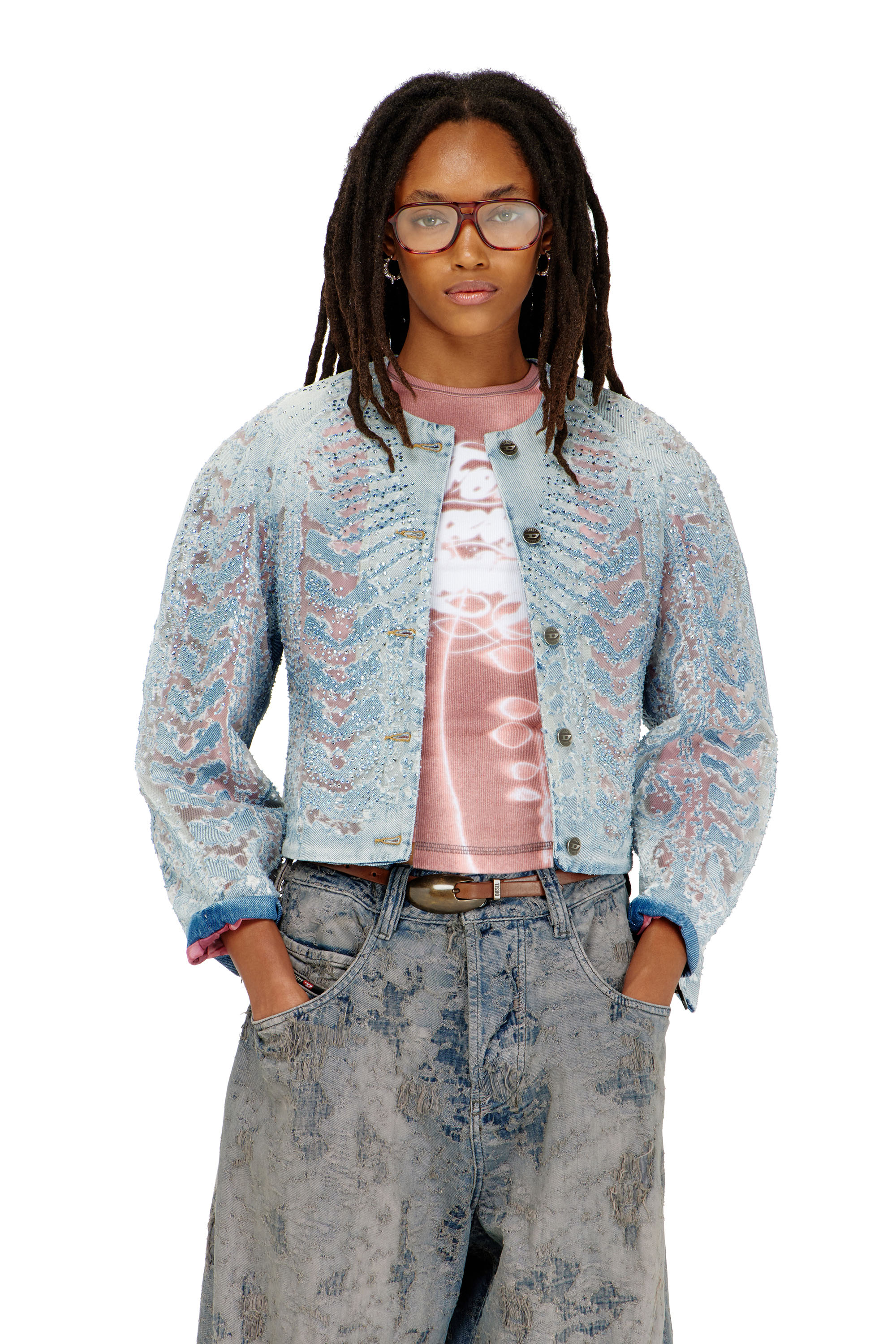 Diesel - DE-SOLIXIA-S, Giacca in denim microstone devor&eacute; Donna in ToBeDefined - 3
