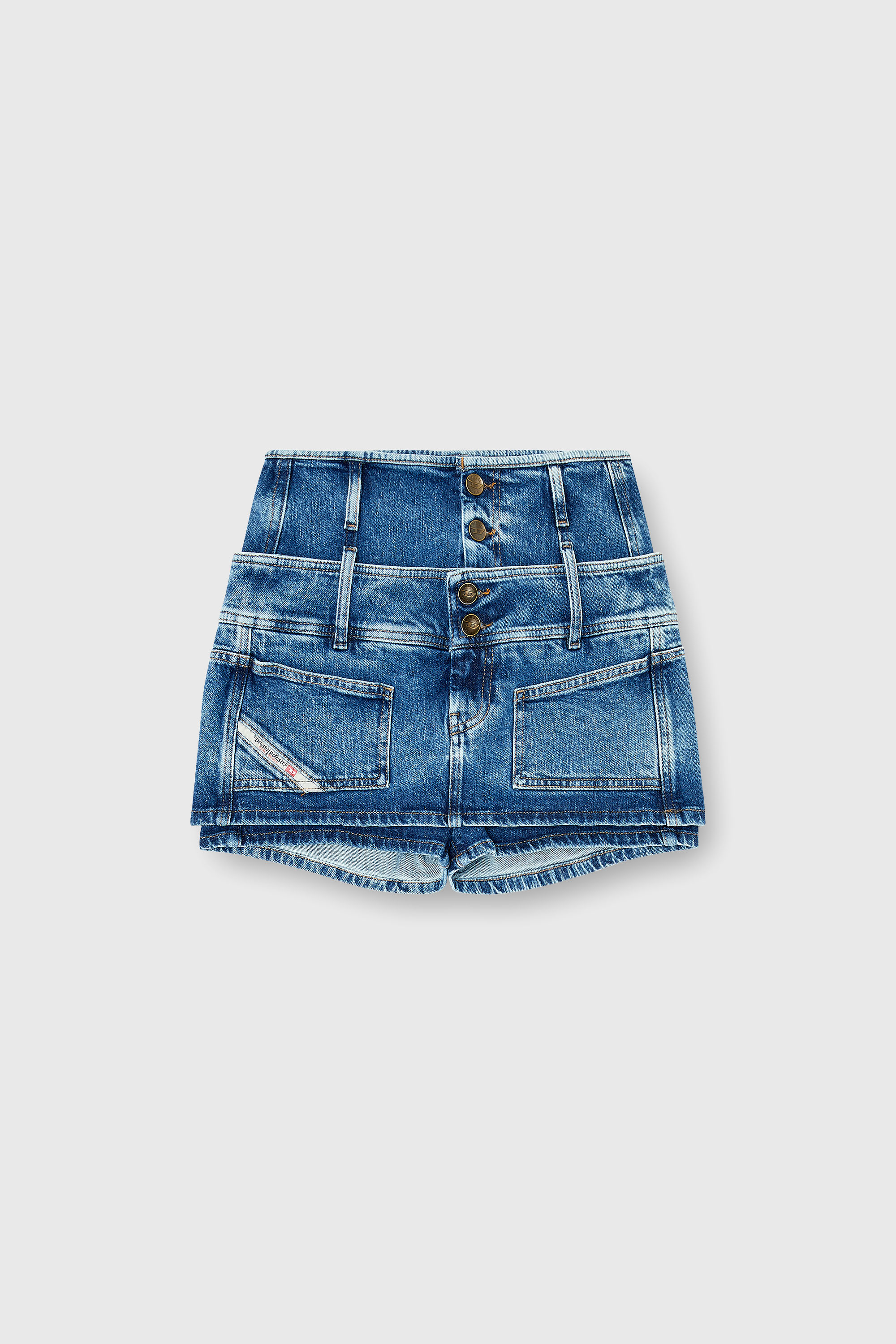 Diesel - DE-CORIVA-S, Mini-jupe-short en denim &agrave; double taille Femme in Bleu - 2