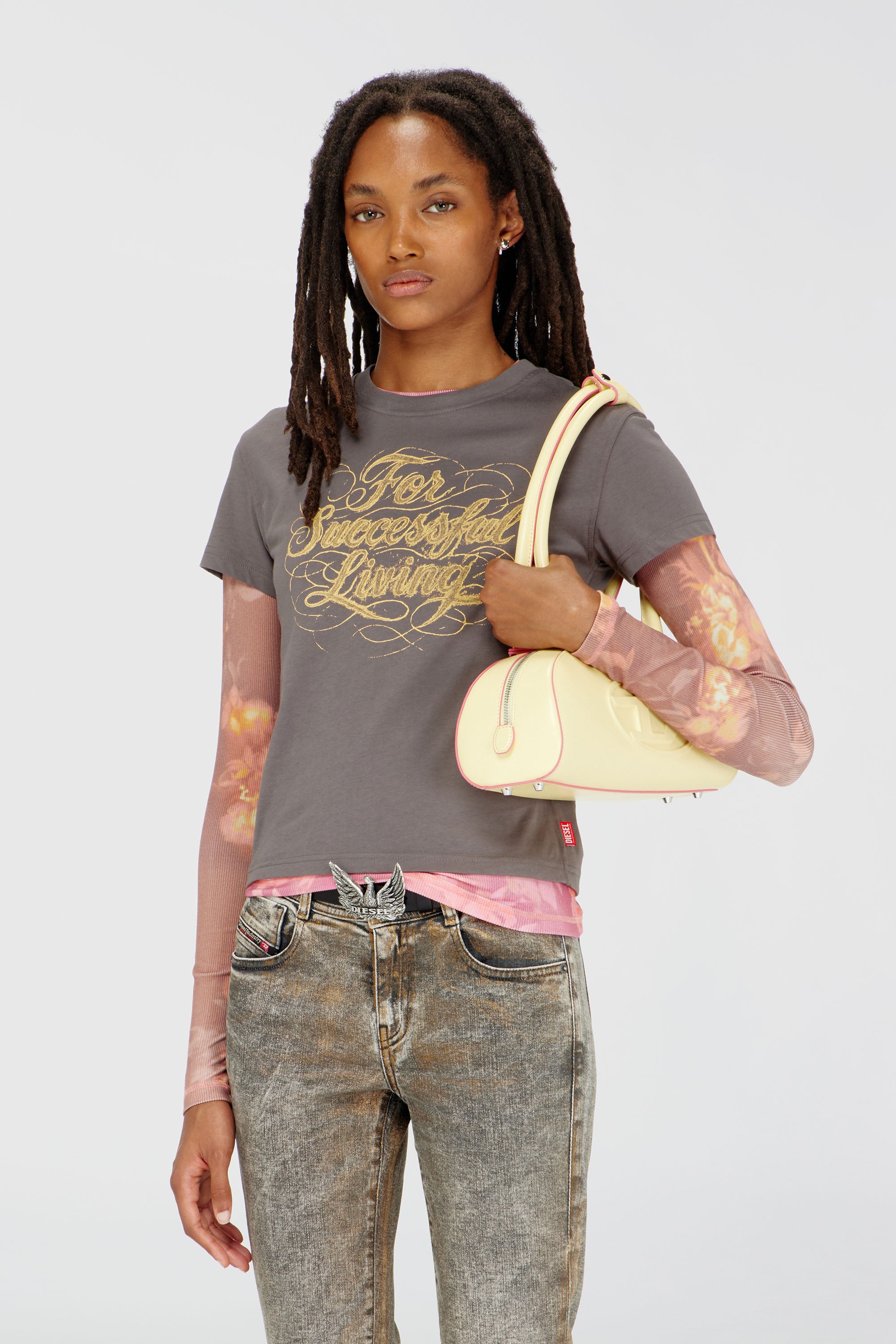 Diesel - T-ILA-AA4, T-shirt con stampa logo Donna in Grigio - 1