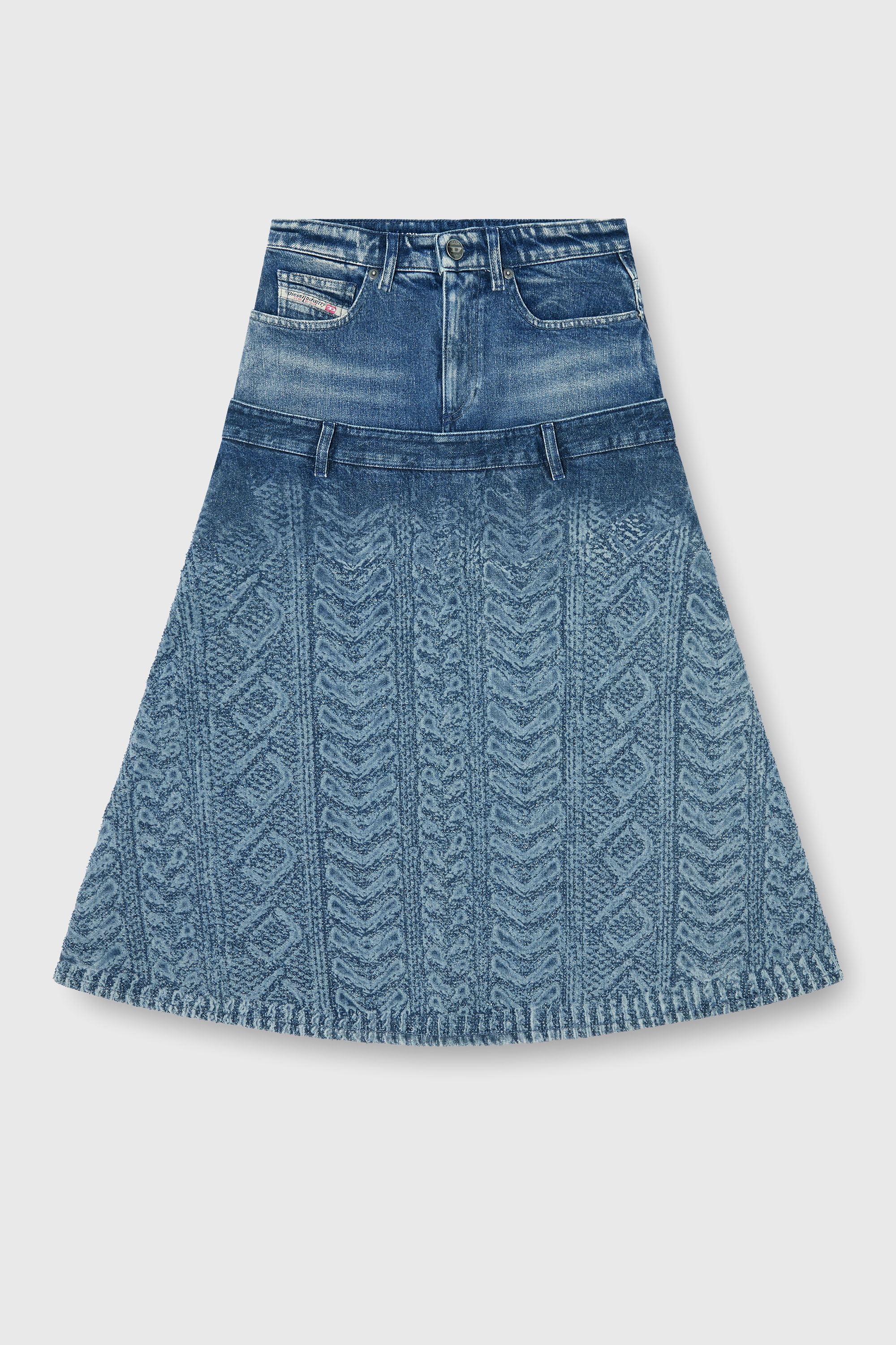 Diesel - DE-VORYA-S1, Damen Midi-Rock aus Denim mit Zopfmuster-Effekt in Mittelblau - 2