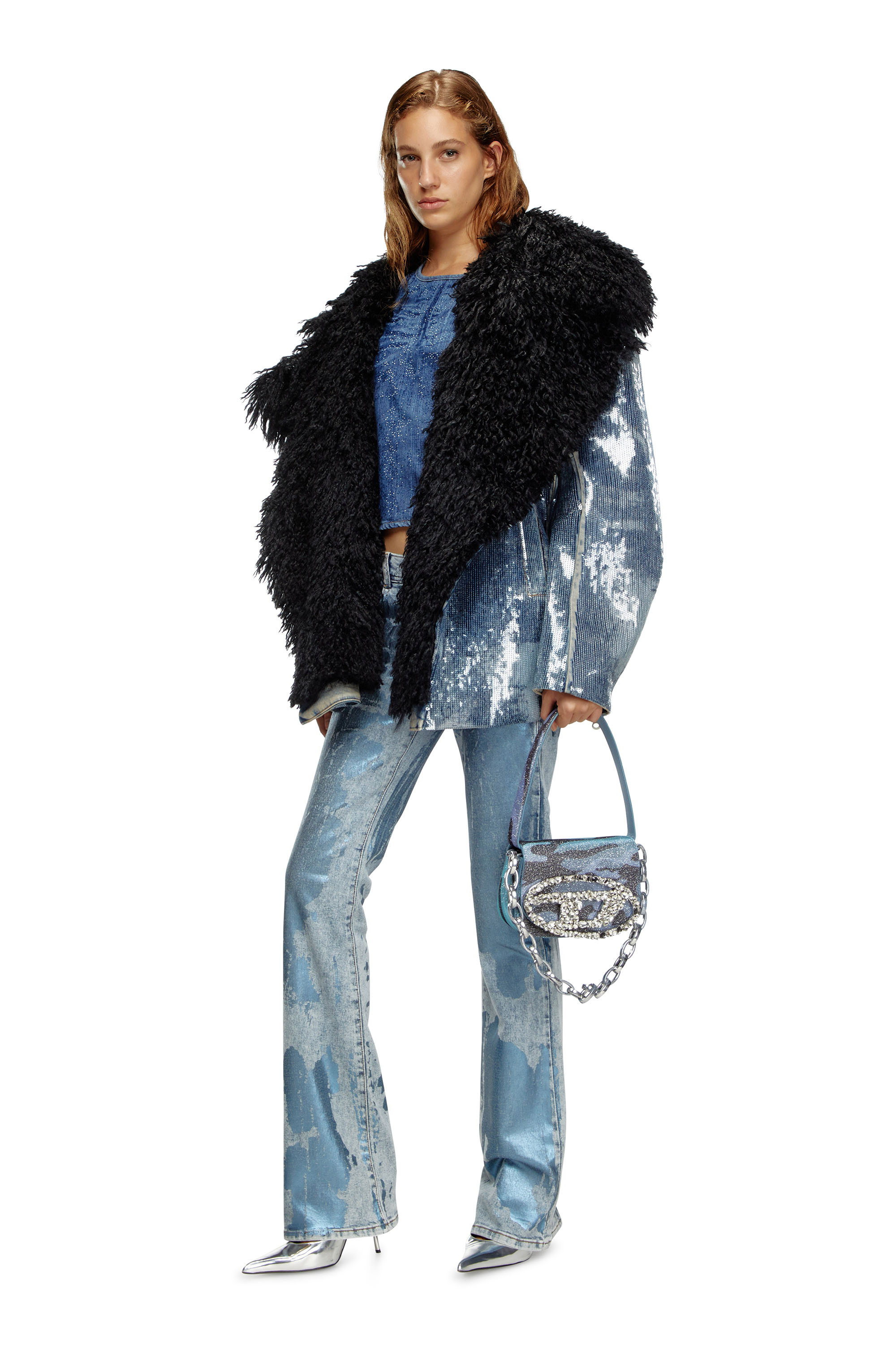 Diesel - DE-BIKA-S, Veste en denim avec sequins et col fourrure Femme in Bleu - 2