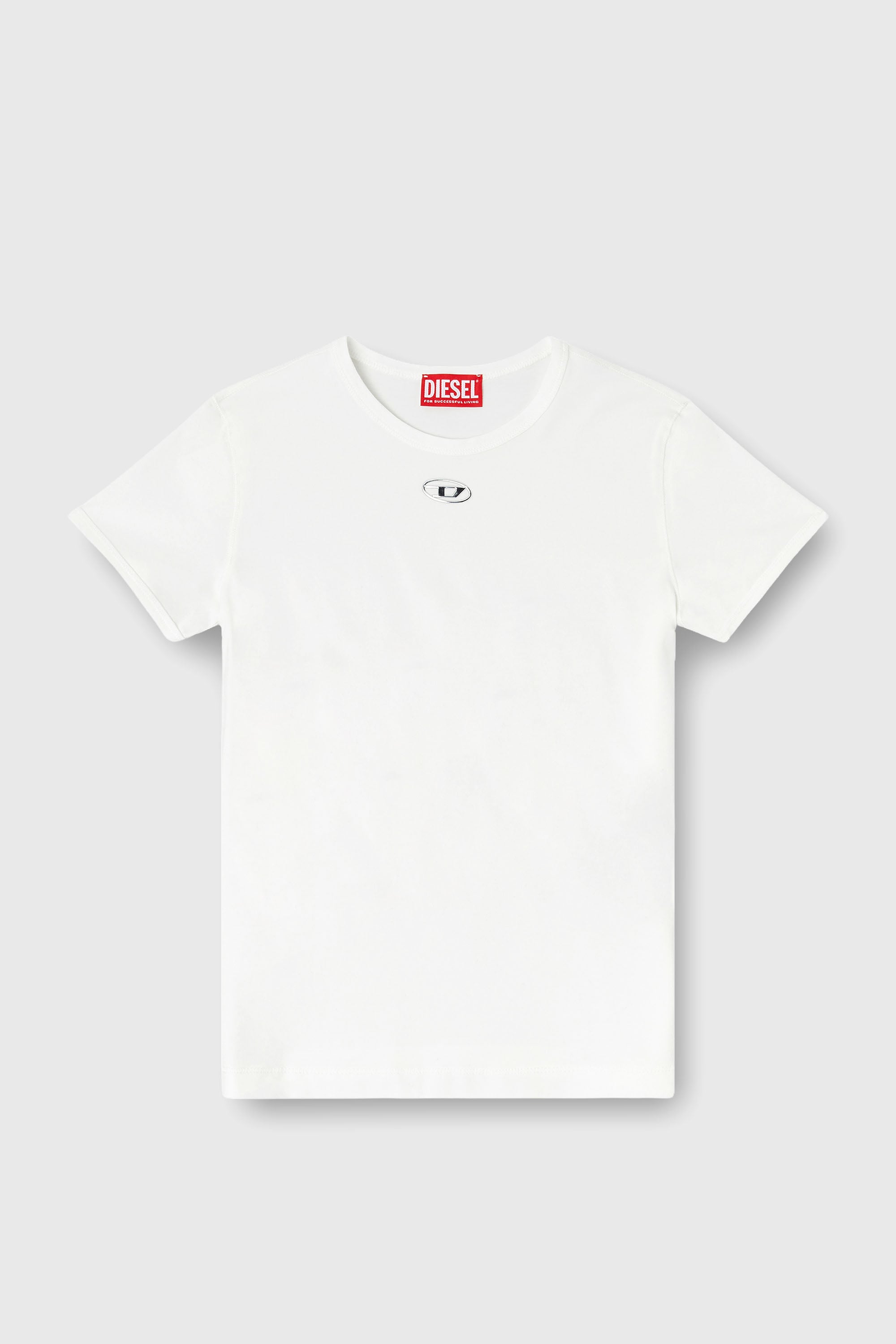 Diesel - T-UNCUTIESLONG-OD, T-shirt ajust&eacute;e avec ovale D m&eacute;tallique Femme in Blanc - 2