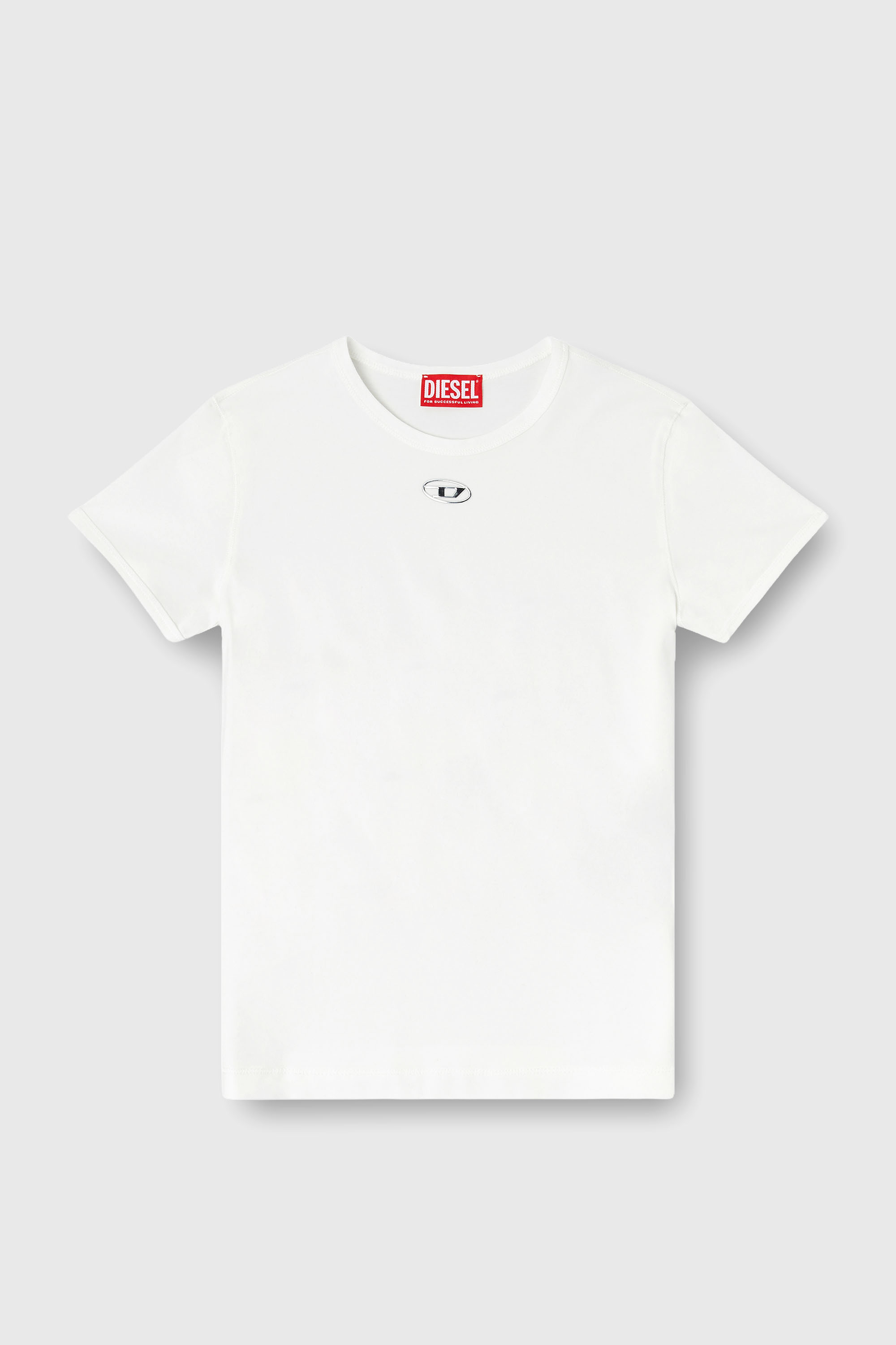 Diesel - T-UNCUTIESLONG-OD, T-shirt ajust&eacute;e avec ovale D m&eacute;tallique Femme in Blanc - 2
