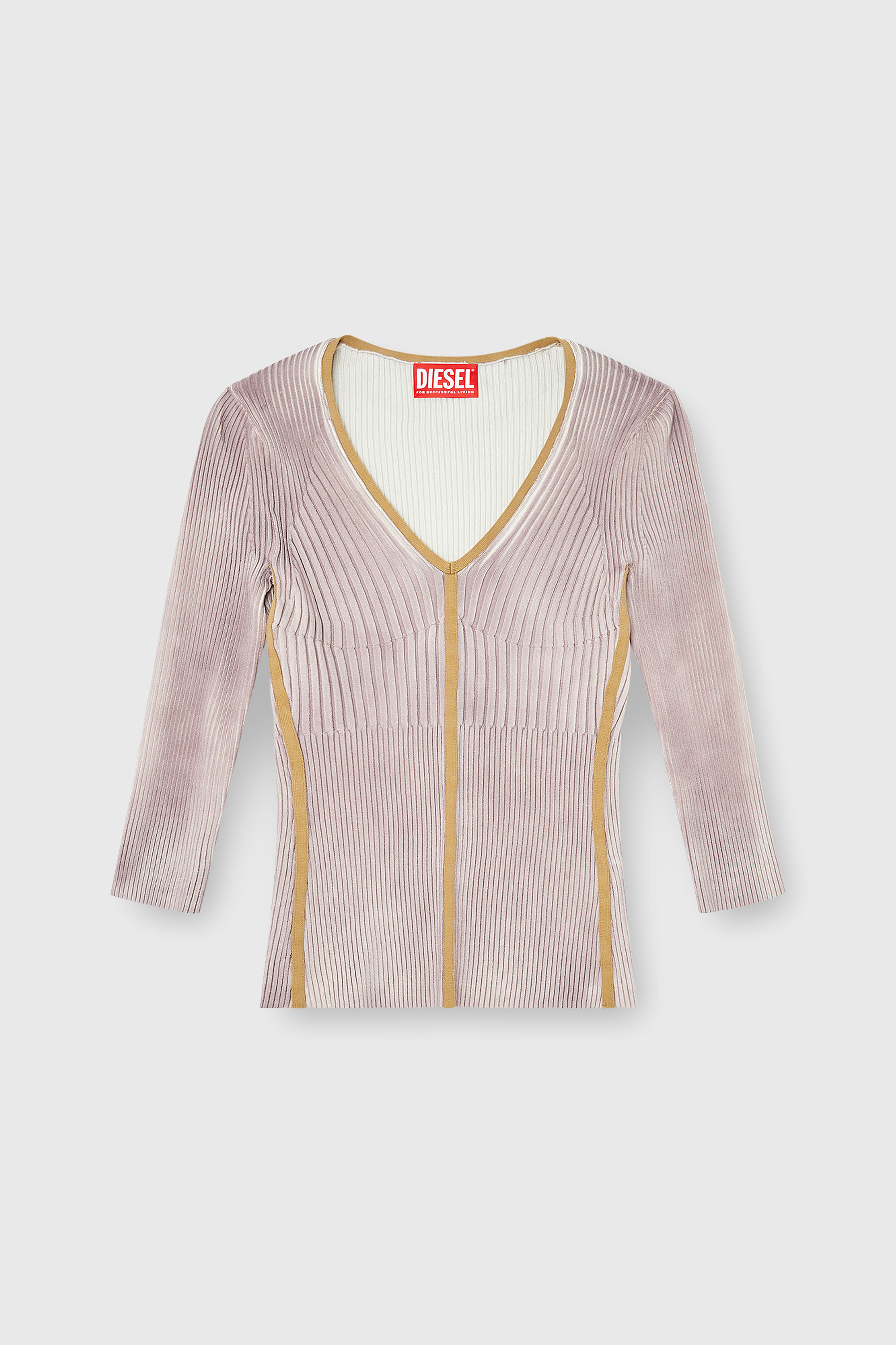 Diesel - M-SARMANI, Damen Gerippter V-Ausschnitt-Pullover mit kontrastierenden Streifen in Lila - 2