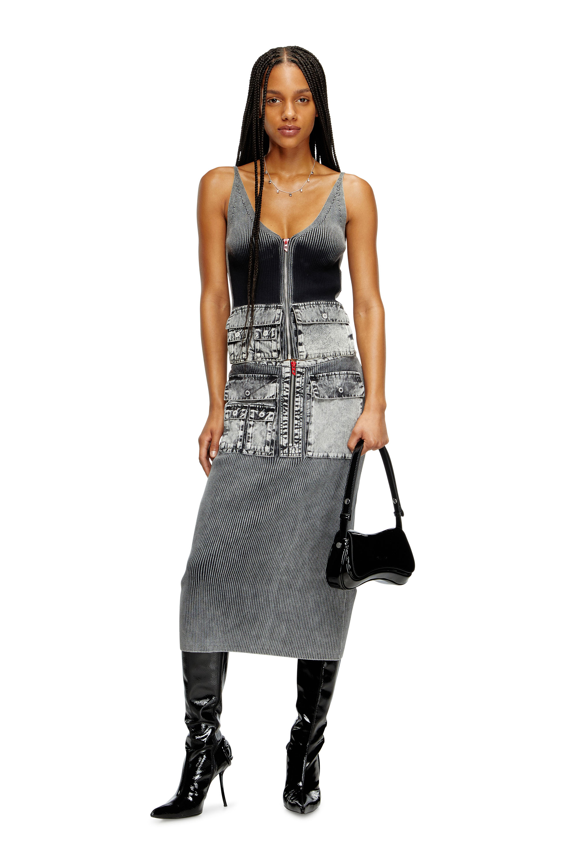 Diesel - M-MELLY, Tank top in maglia con tasche in denim Donna in Grigio - 1