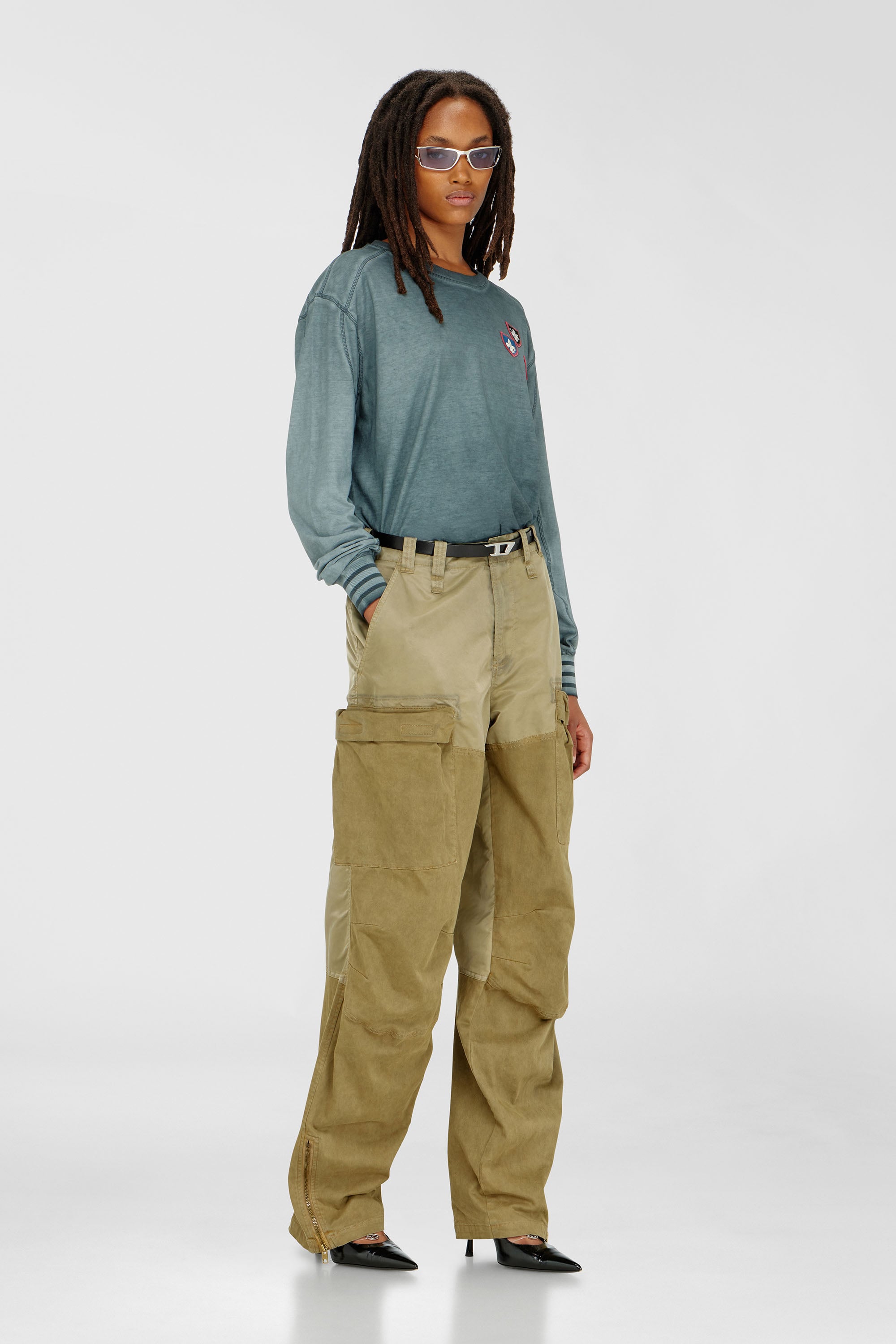 Diesel - T-BAWYE-LS, T-shirt con patch e inserti microwaffle Donna in Verde - 2