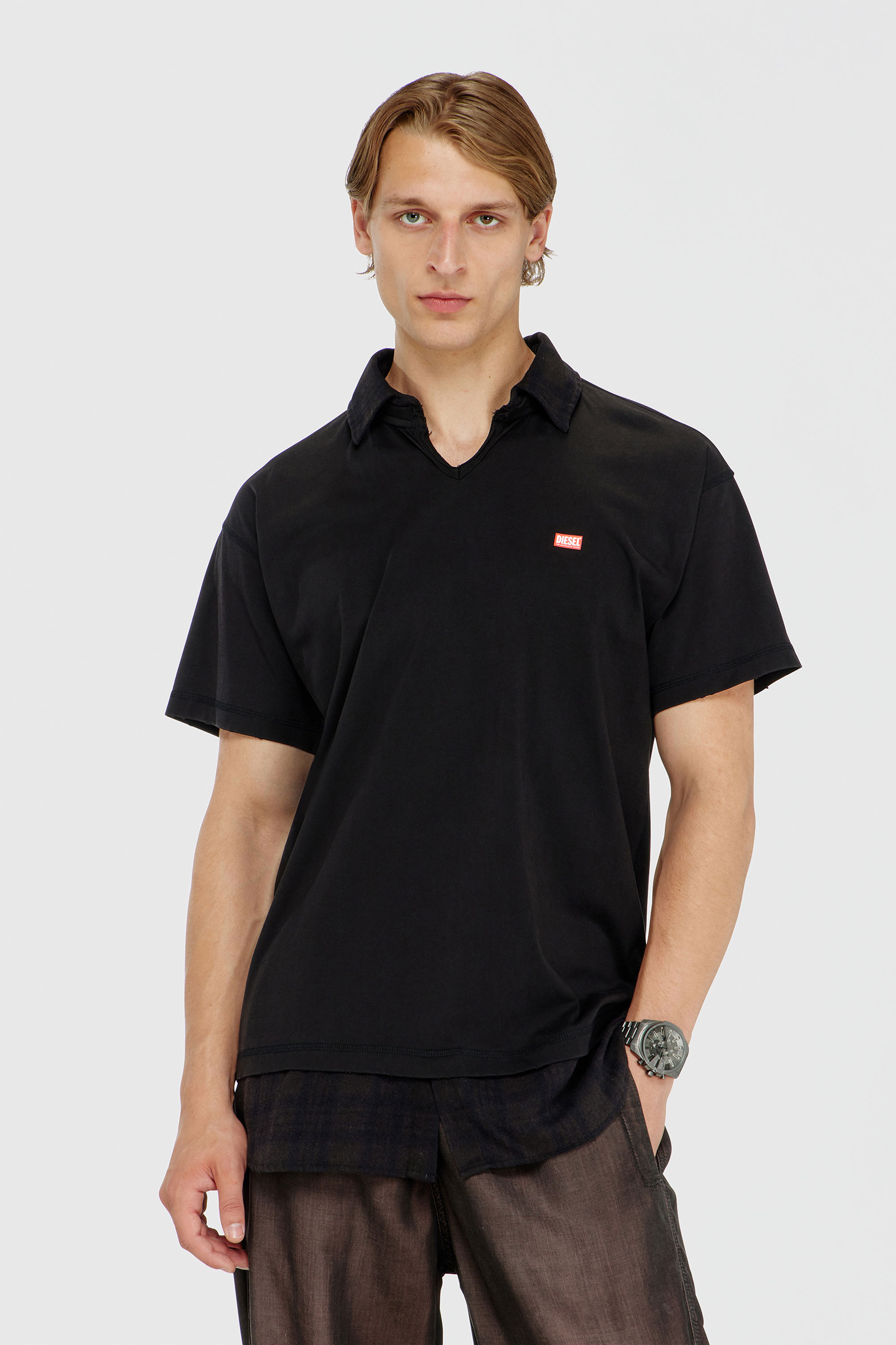 Diesel - T-ANSEL, Herren Jersey-Poloshirt mit Flanellkaro-Details in Schwarz - 1