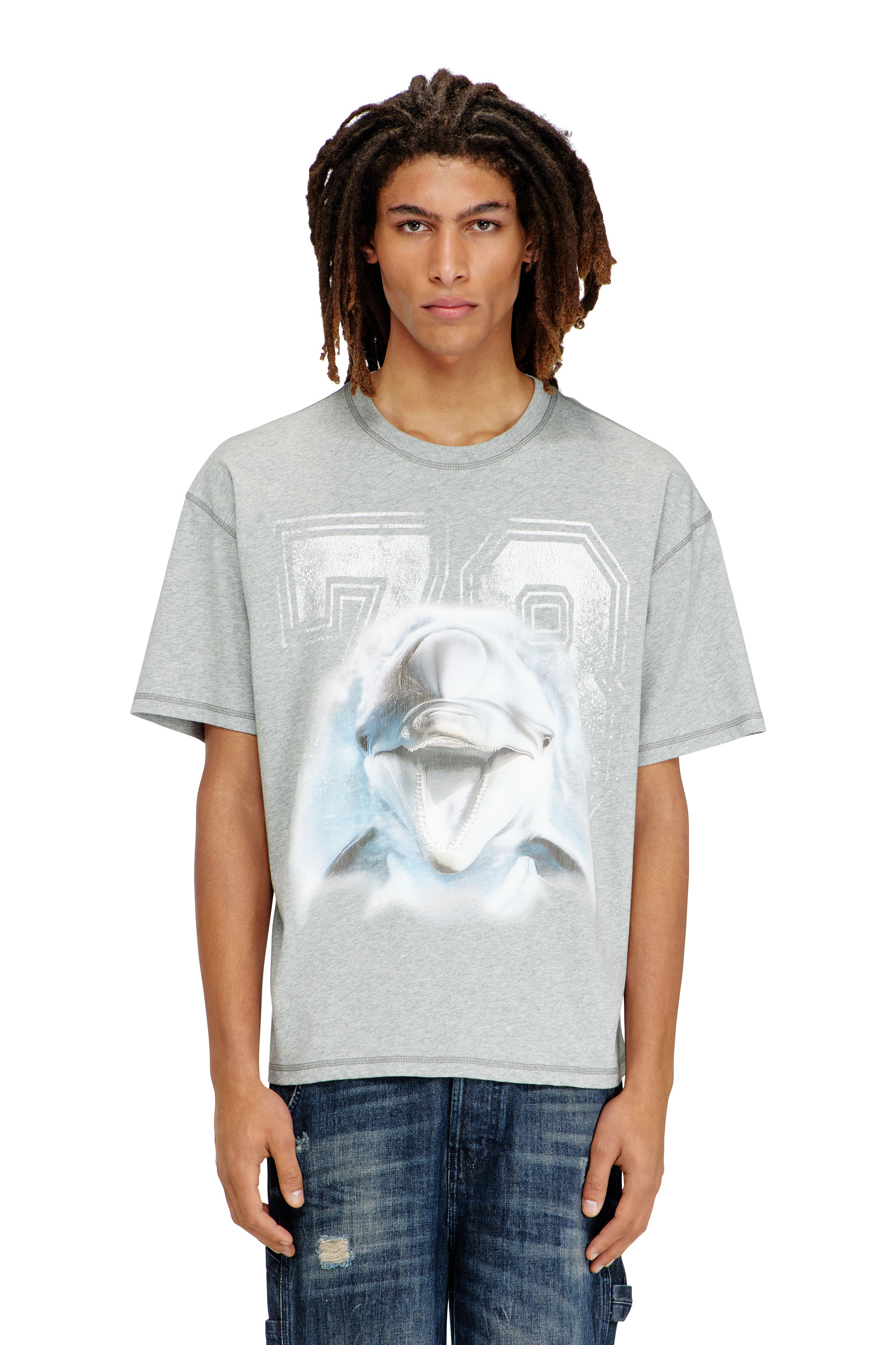 Diesel - T-BOXT-DOLPHIN, T-shirt dal taglio rilassato con grafica di delfino Uomo in Grigio - 1