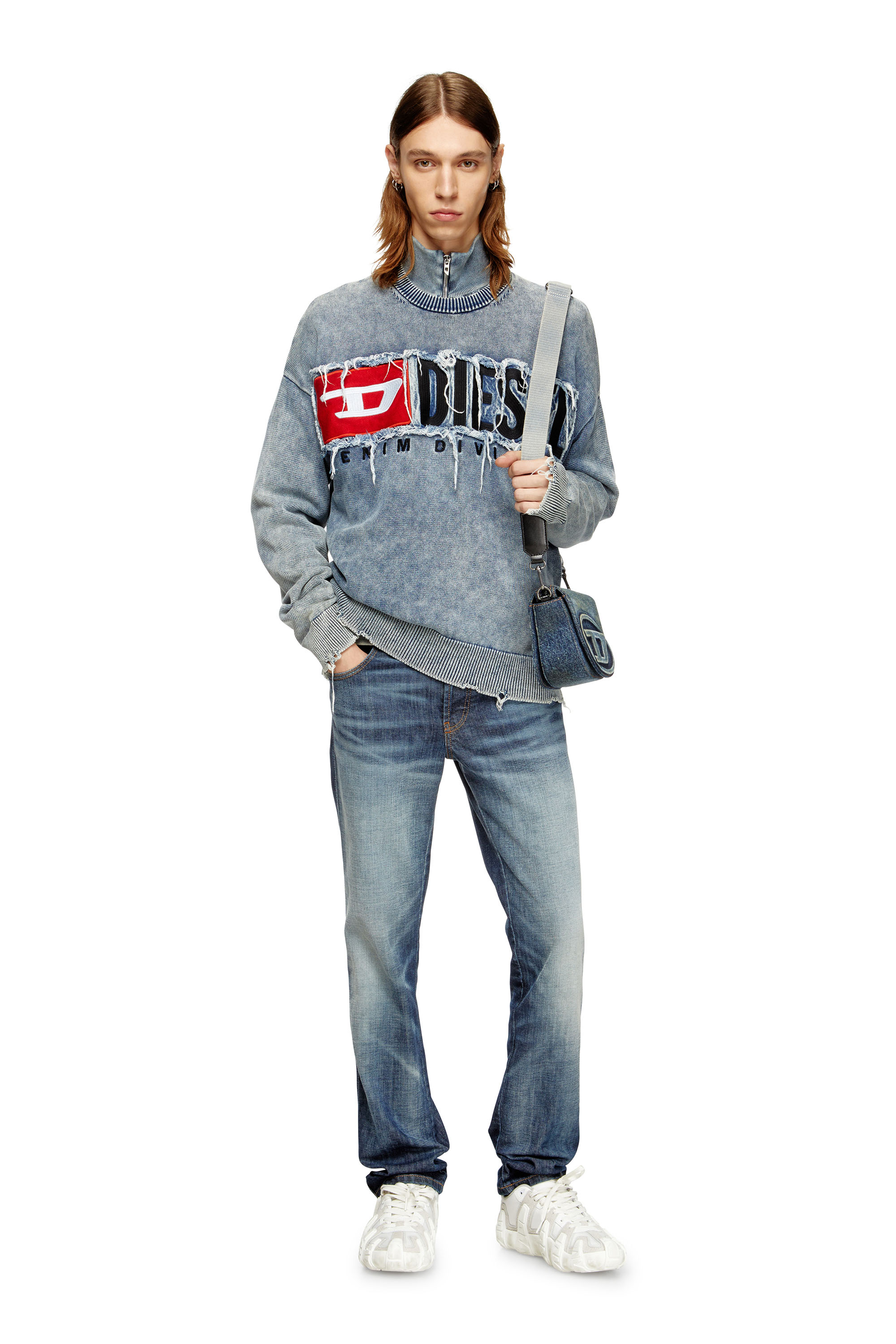 Diesel - K-FRONZI, Maglia in cotone con patch in denim del logo Uomo in Blu - 1