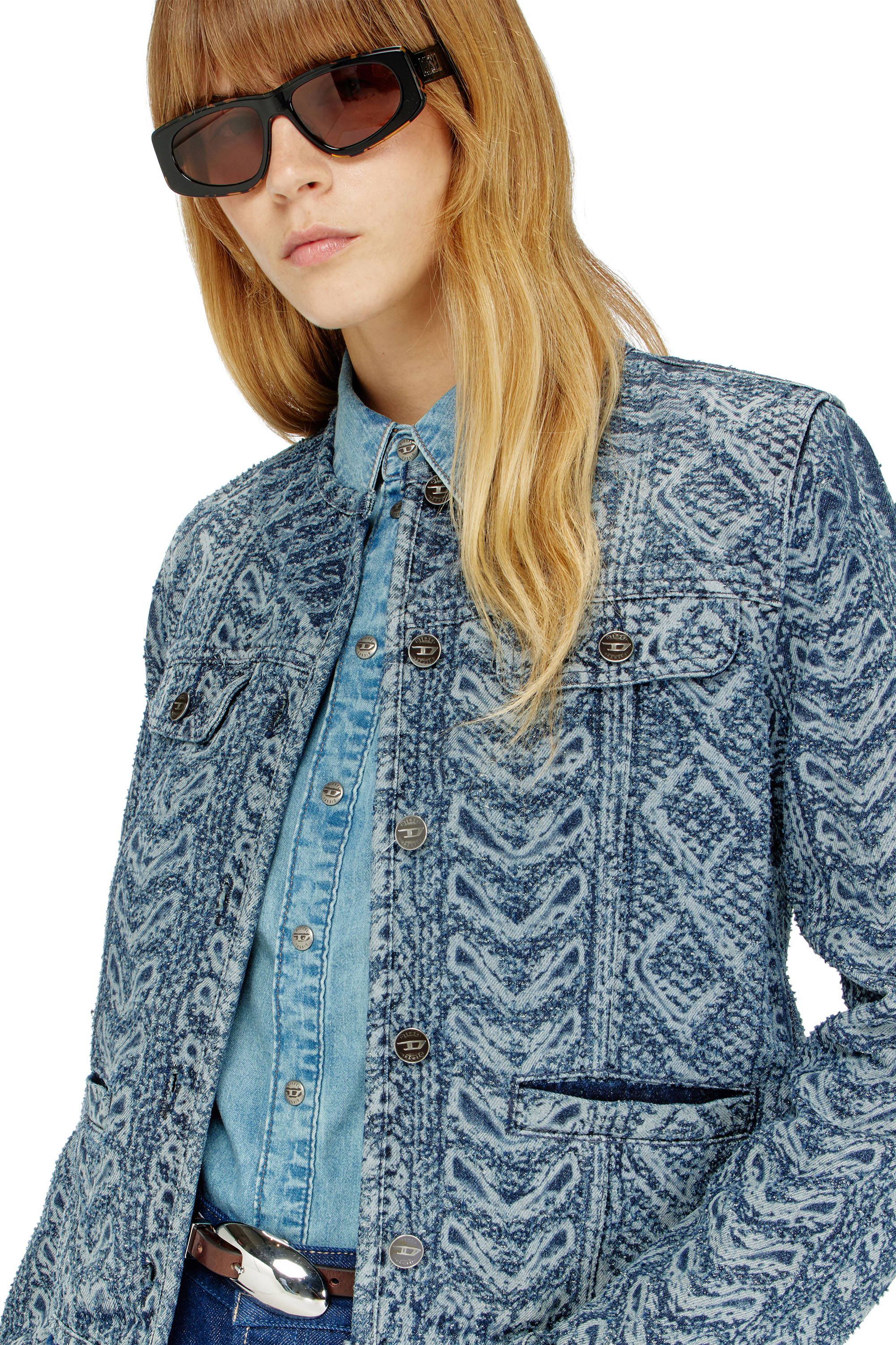 Diesel - DE-GRAFY-S2, Giacca senza collo in denim effetto maglia a trecce Donna in Blu - 5