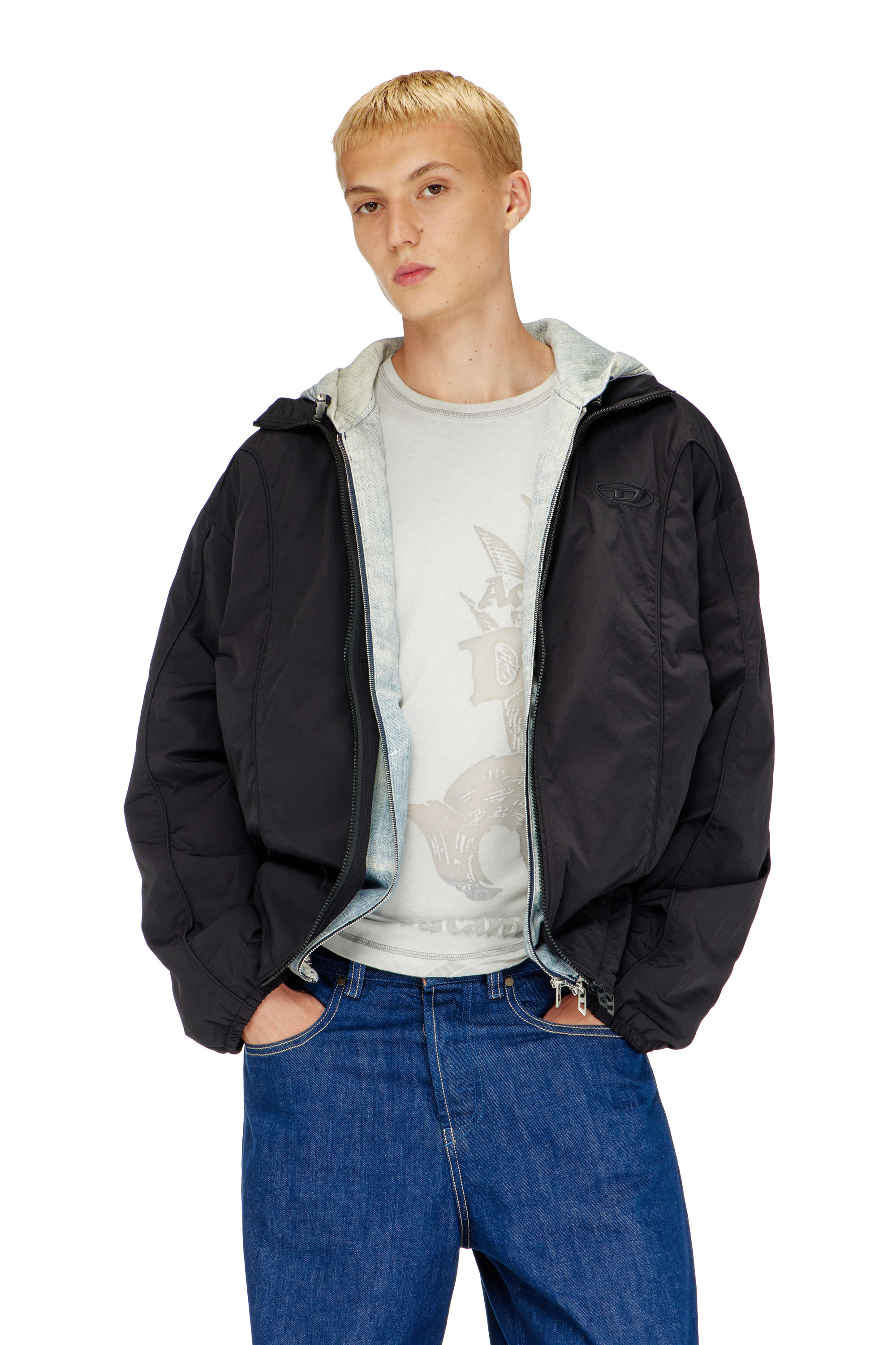 Diesel - J-FIVE-WRD-AKAD, Giacca in nylon crinkle con piping Uomo in Nero - 3